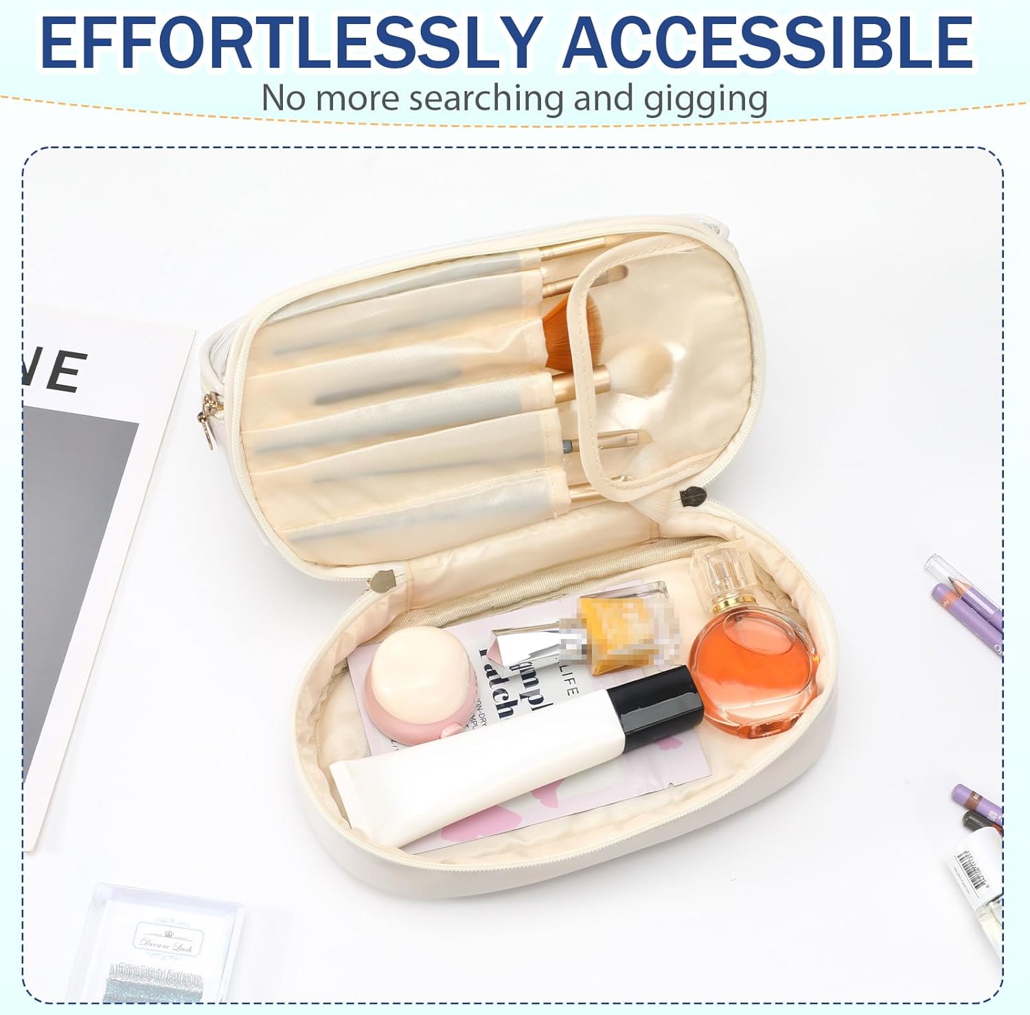 Makeup Bag,toiletry Bag for Women Initial Double Layer Cosmetic Pouch with Brush Organizer, Large Capacity PU Leather Waterproof and Convenient Clear Travel Toiletry storage(White)