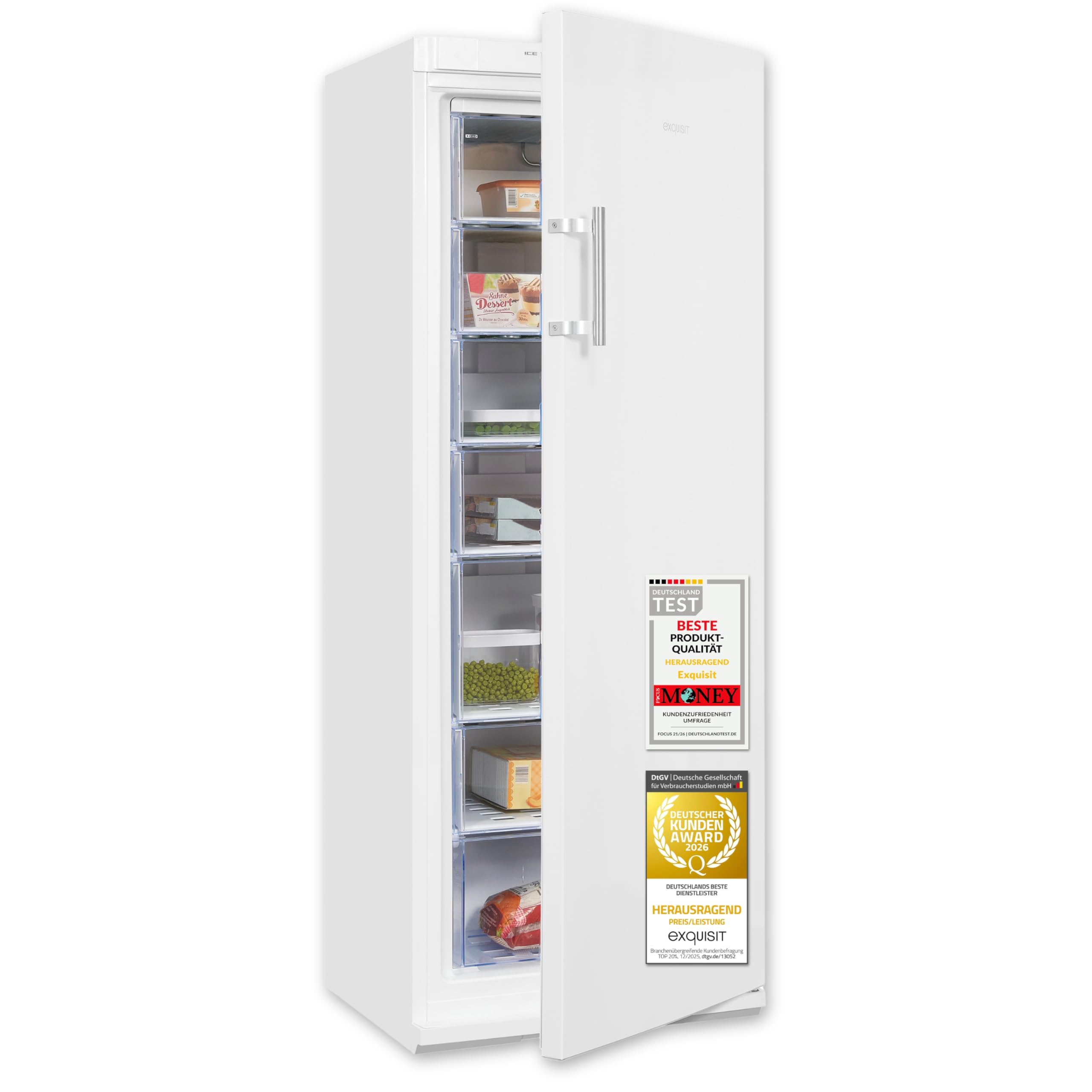 Exquisit GS27-H-280E Gefrierschrank - 232 L Standgerät Tiefkühlschrank | 4-Sterne Gefriergerät mit Bigbox und 6 Schubladen, wechselbarer Türanschlag, Maße 163 x 60 x 65 cm, Energieklasse E