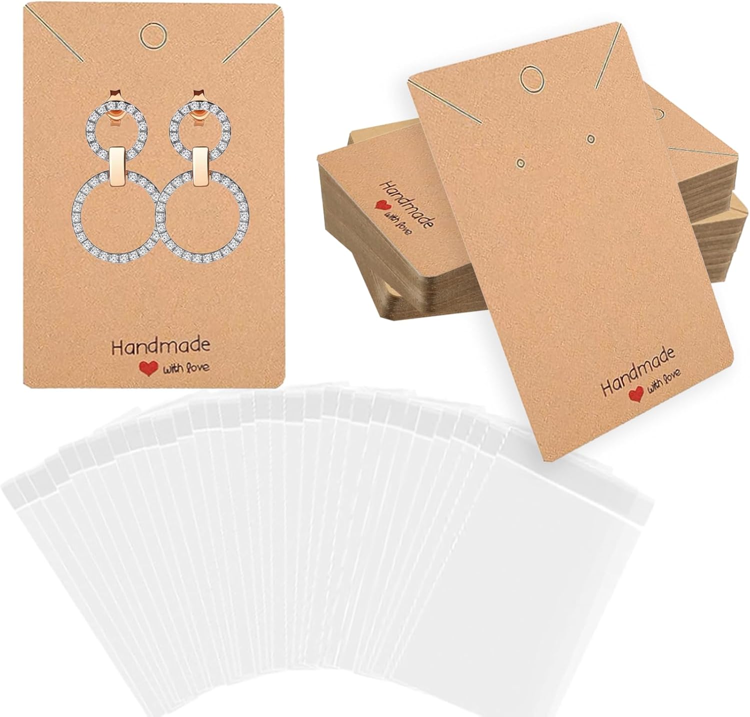200PCS Durable Earring Display Cards Handmade with Love Brown Kraft Earring Cards with 100