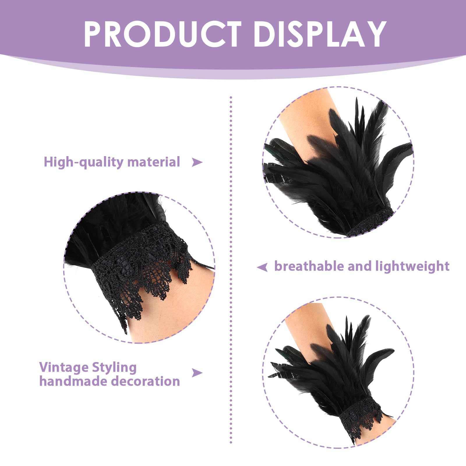 WLLHYF Black Lace Feather Gloves Witch Angel Costume Gothic Mesh Wristband Cuff Wedding Accessory for Women Halloween Christmas Cosplay(Black) - Image 3