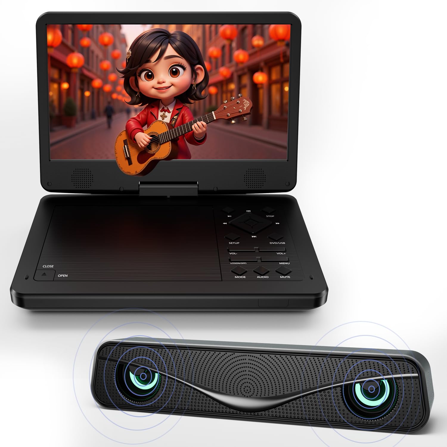 12.5" Portable DVD Player with Soundbar & 10.1" HD IPS Screen for Kids & Adults, Car DVD Player with Headrest Mount, 360° RF Remote, Dual Earphone Jacks, 5H Battery, CD/DVD/SD/USB, Region Free