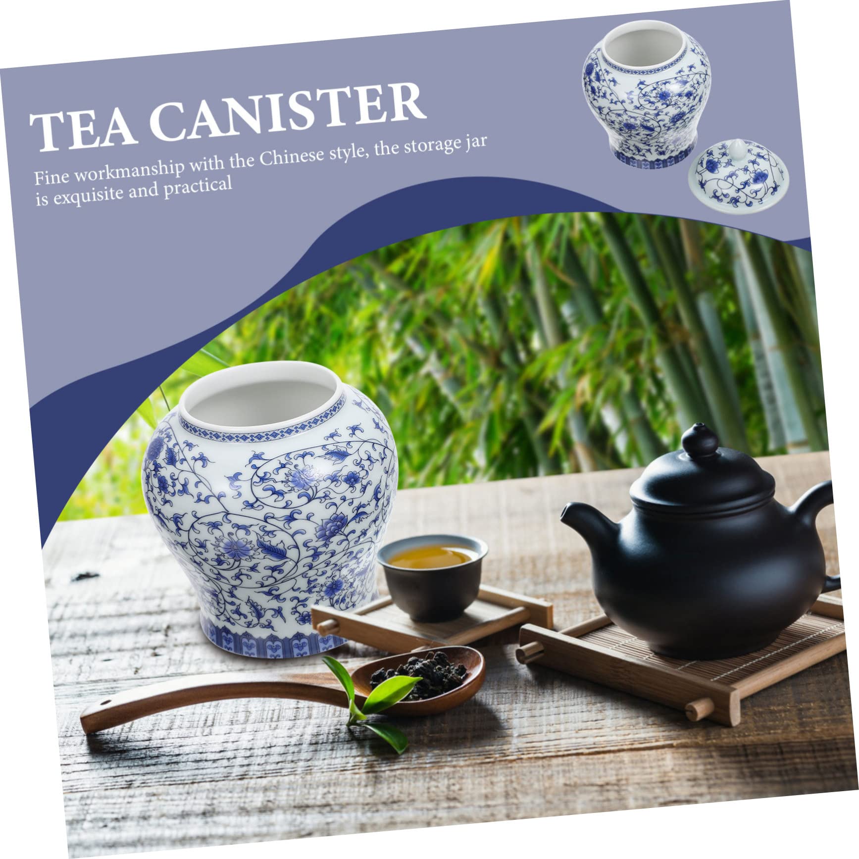 Tarro para Guardar Hojas de Té de Cerámica Azul Estilo Chino | Tapa Sellada, Diseño Retro, Pieza de Sobremesa para Almacenamiento y Ornamento