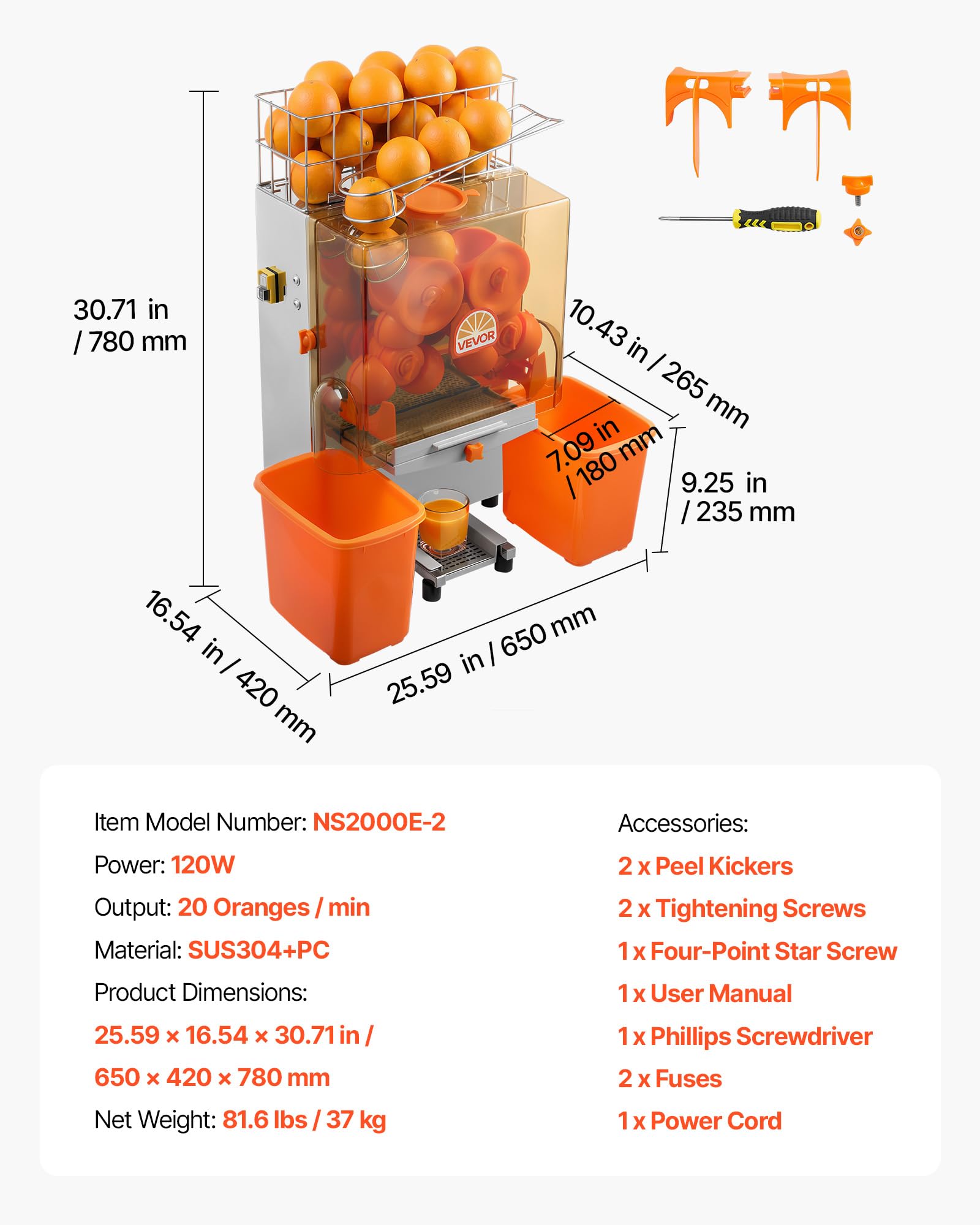 VEVOR Exprimidora de Naranjas Comercial 120 W de Acero Inoxidable y PC, Eléctrica, Con 2 Recipientes Recolectores, Capacidad para Hasta 20 Naranjas por Minuto, Para Limones y Cítricos 55-80 mm
