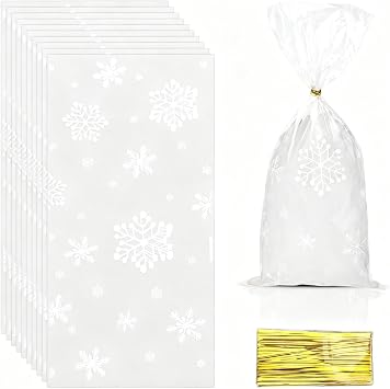Sociaooil Christmas Cellophane Gift & Treat Bags - 100 Clear Snowflake Cookie Candy Bags with Twist Ties for Xmas Winter Holiday Party Favor Goody Supplies