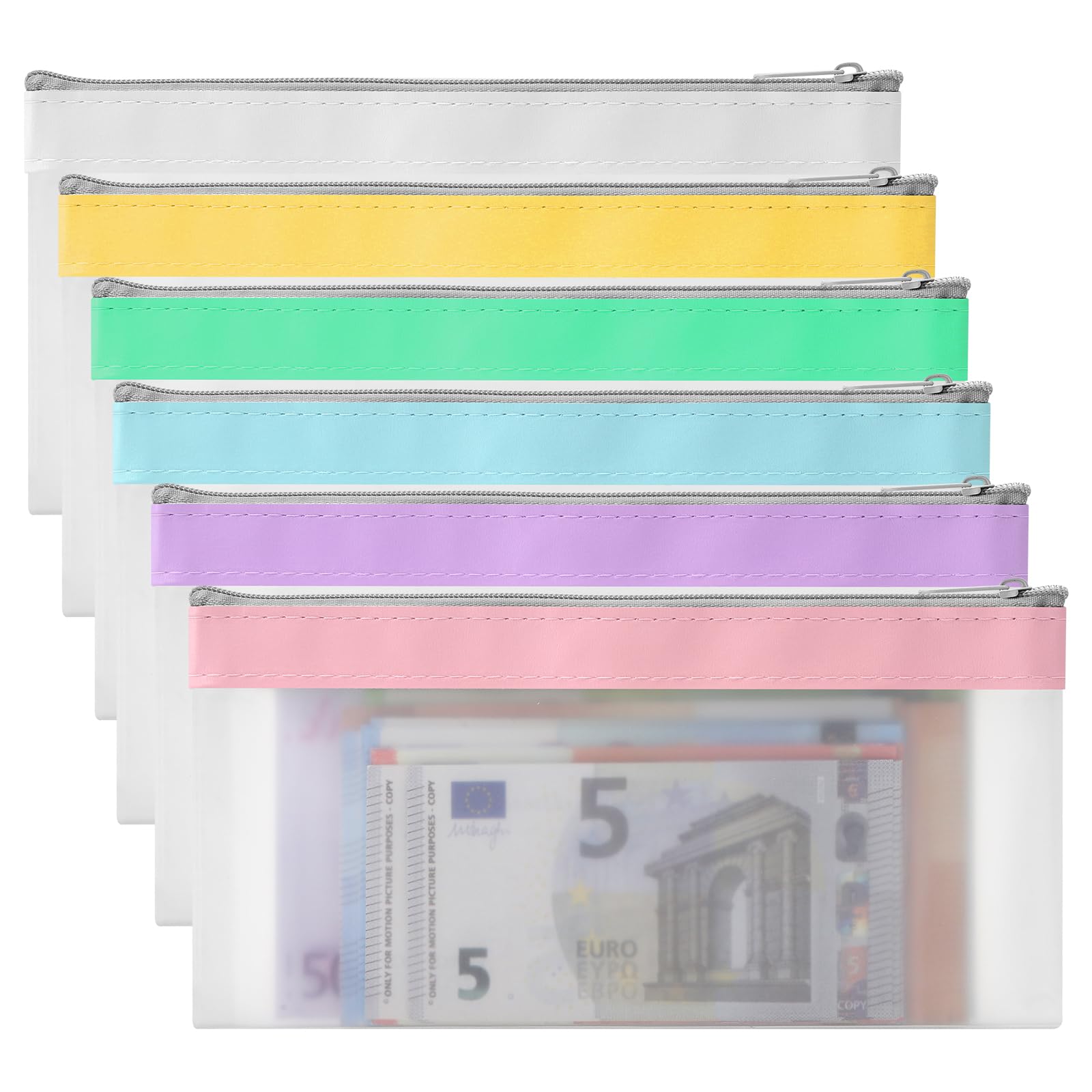 VOSSOT 6 Piezas Bolsas De Dinero con Cremallera,DepóSitos Bancarios Bolsa Transparentes,Monedas Sobres,Bolsas Multiusos con Cierre De Cremallera para Ahorrar Dinero En Efectivo