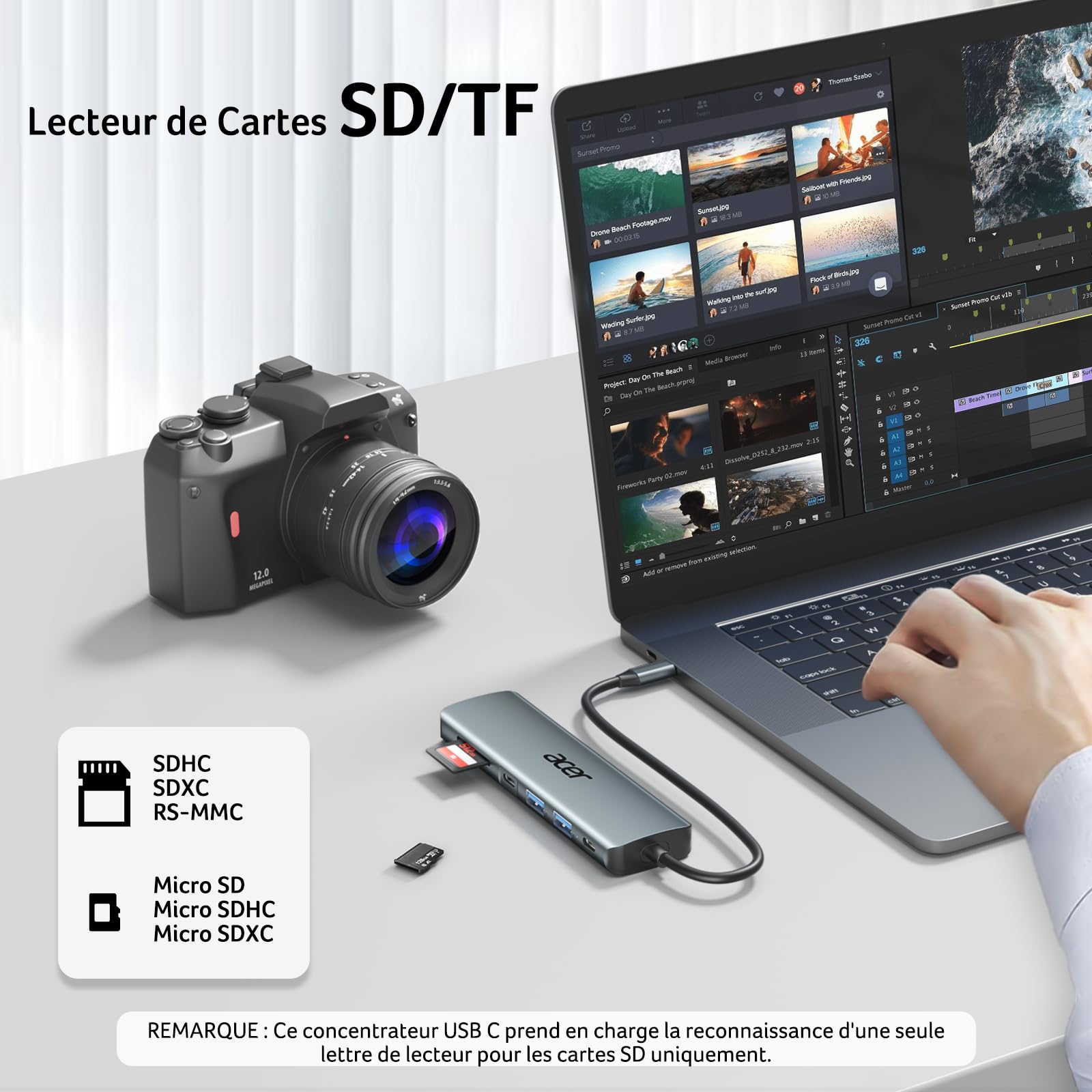 Acer Adaptateur USB C vers HDMI 4K PD 100W Lecteur de Carte SD TF 2 USB 3.0 USB C 5Gbps