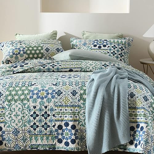 Miniatura 2 de VISIMISI Juego de colcha de algodón reversible colcha de retazos estilo vintage bohemio verde tamaño queen