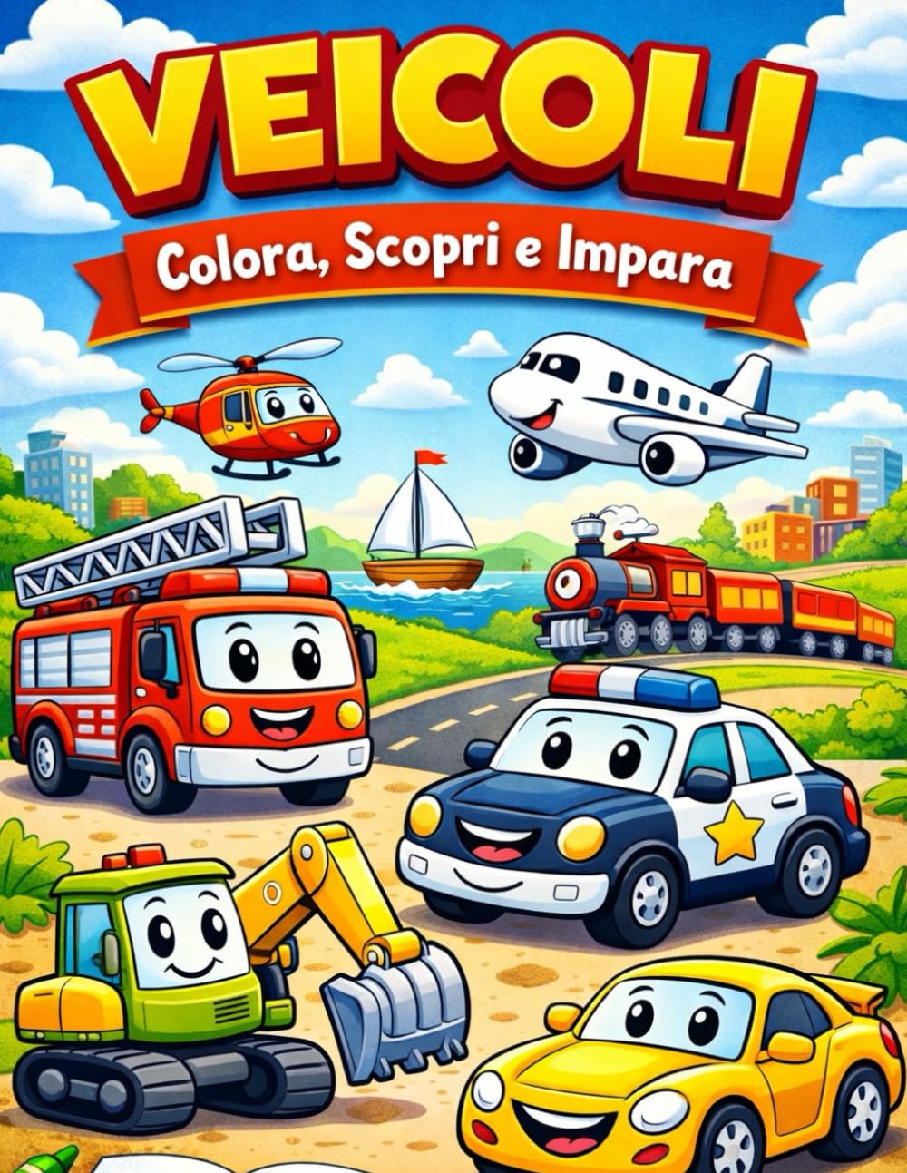 Veicoli - Colora,Scopri e Impara.: Libro da colorare per bambini dai 3 ai 5 anni con 40 divertenti veicoli + 5 fogli per disegno libero