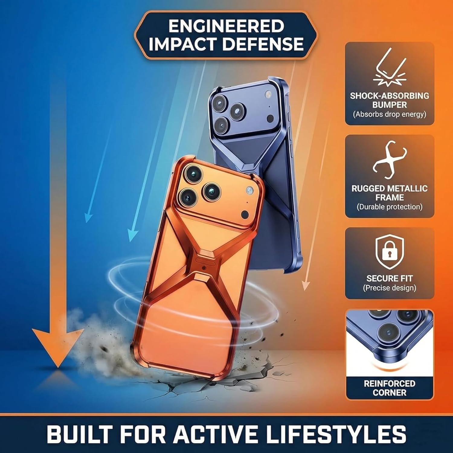 for iPhone 17 Pro Max X-Frame Frameless Bumper Case, Open-Side Metal Border, Airflow Channel Structure, Slim Lightweight Hand Feel, Blue