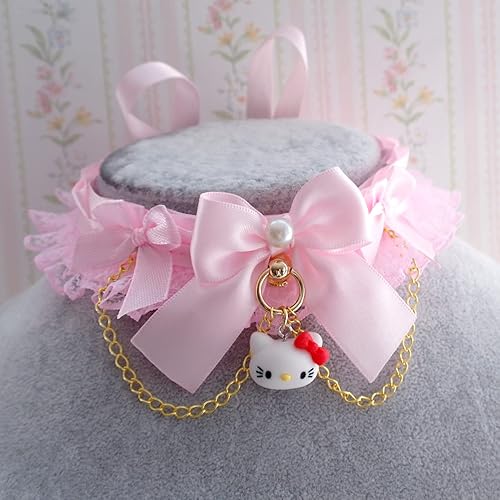 Miniatura 2 de Neko Collar de gargantilla con colgante, collar de gatito para mascotas, cadena de volantes de encaje de satén rosa bebé a prueba de tirones DDLG