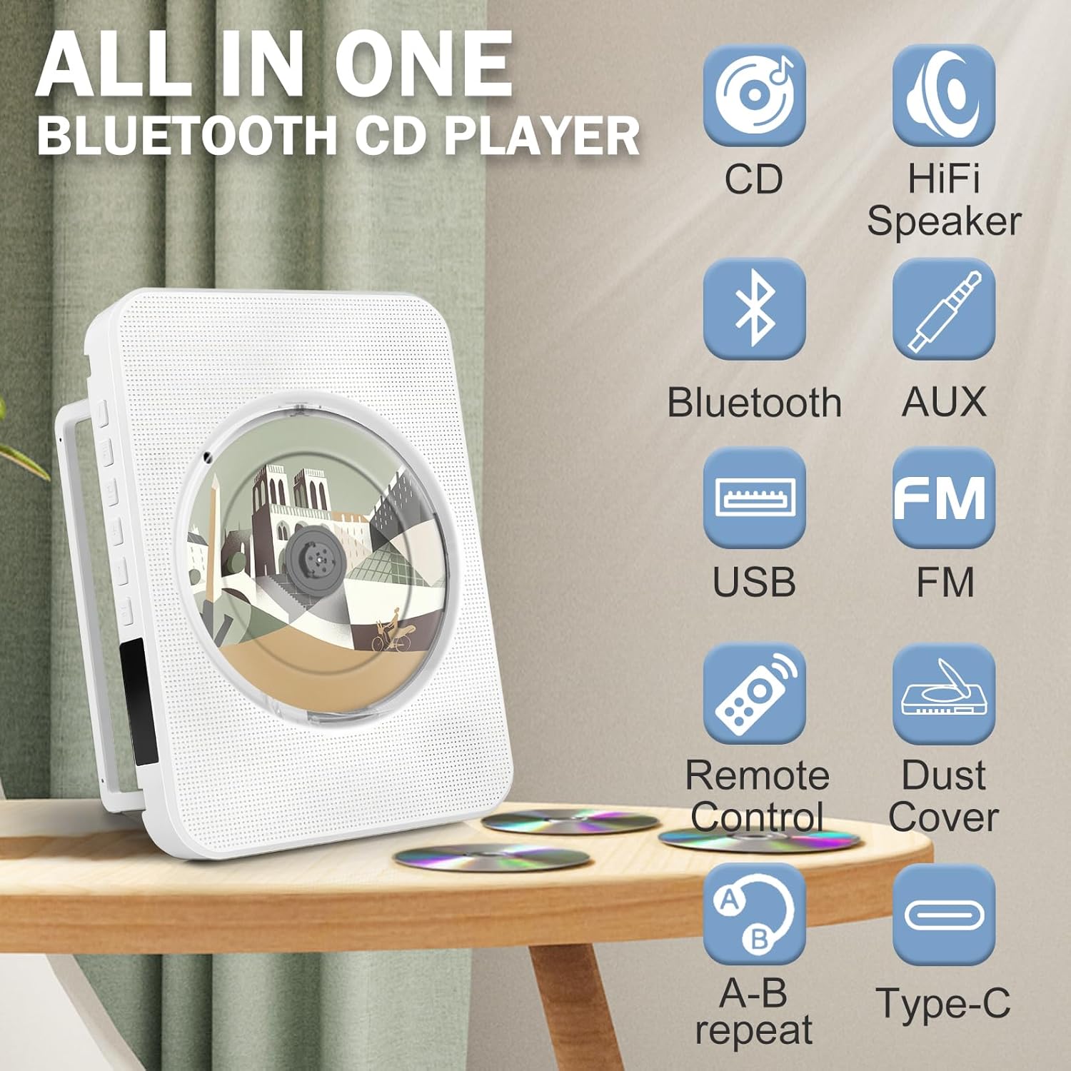 SHIWAKOTO Portable CD Player with Bluetooth CD Player for Home with FM Radio, Timer, USB & AUX Input, Built-in HiFi Speakers, Carrying Handle