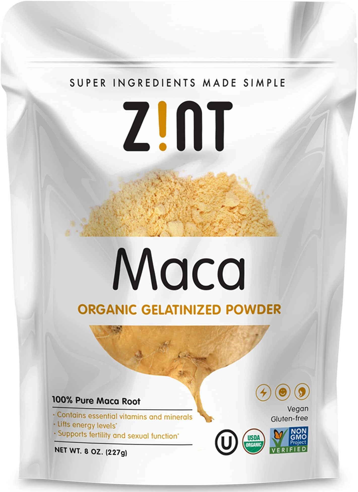 Zint Organic Maca Powder: Paleo Certified, Gelatinized, Non GMO, Yellow Maca Root - Adaptogen Superfood for Smoothies and Baking (8 oz)