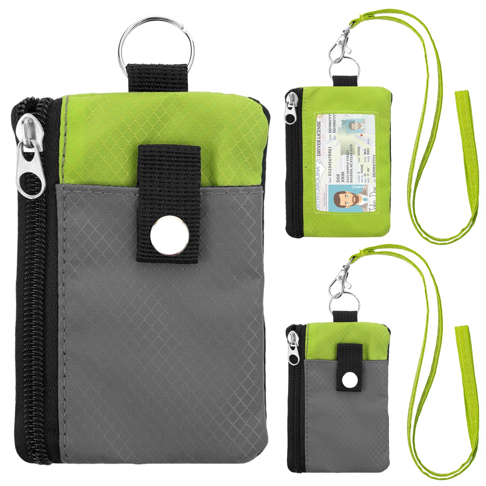 Minimalist Small Wallet for Men Women with 2 Zip Pockets, Multi Functional ID Case with Keychain and Card Holder, Coin Purse Badge Lanyard Pouch for Boys Girls Travel -Gray+YellowGreen
