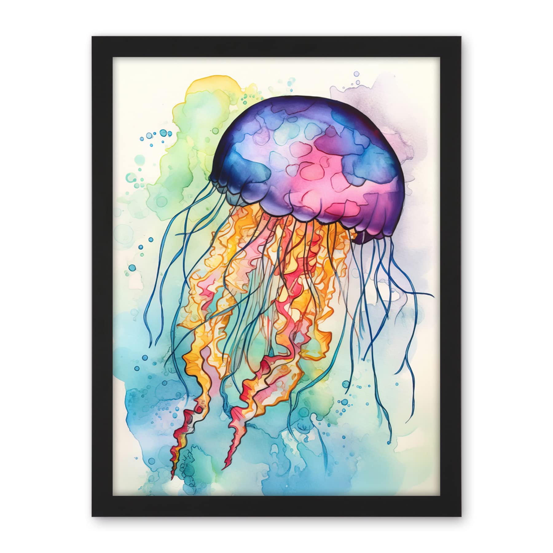 Artery8 Jellyfish Swimming Folk Art Watercolour Painting Artwork Framed Wall Art Print 18X24 Inch
