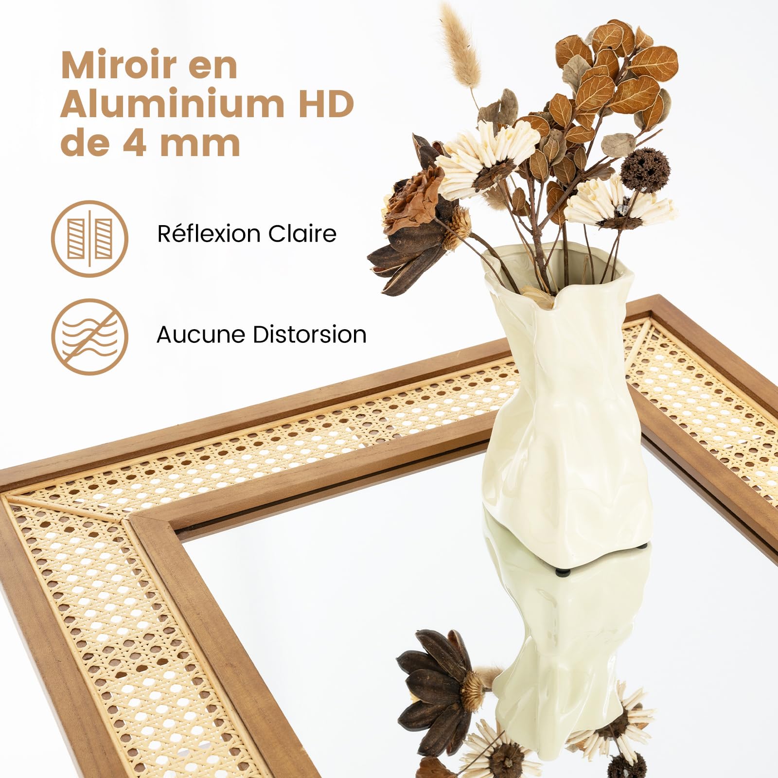 COSTWAY Miroir Mural en Rotin, Miroir Rectangulaire 90 x 60 cm, Cadre en Bois, Verre en Aluminium, Crochets et Vis d'Expansion, Miroir Decoration Murale pour Salon Chambre Entrée, Vertical/Horizontal