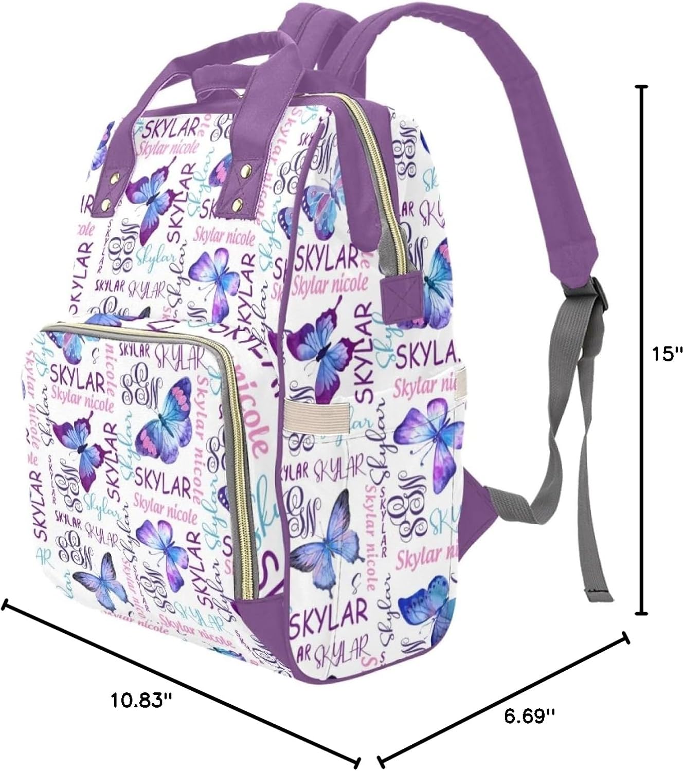 Personalized Diaper Bag Backpack for Women, Custom Name Nursing Mommy Daypack, Diaper Bag for Girls Boys, New Mom Gifts (Butterfly)