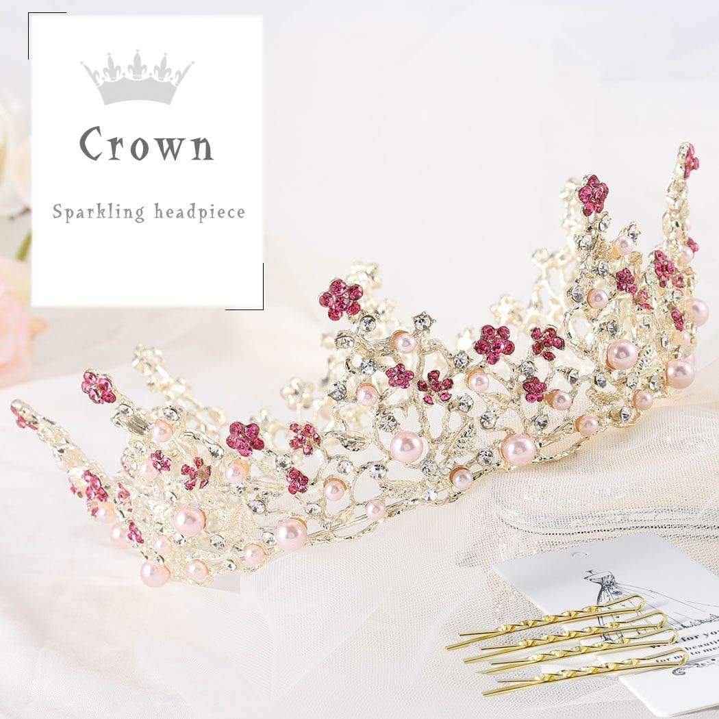 Fairyu Pearl Wedding Tiaras and Crown Bride Pink Flower Tiaras Baroque Wedding Tiara Hair Accessories for Women