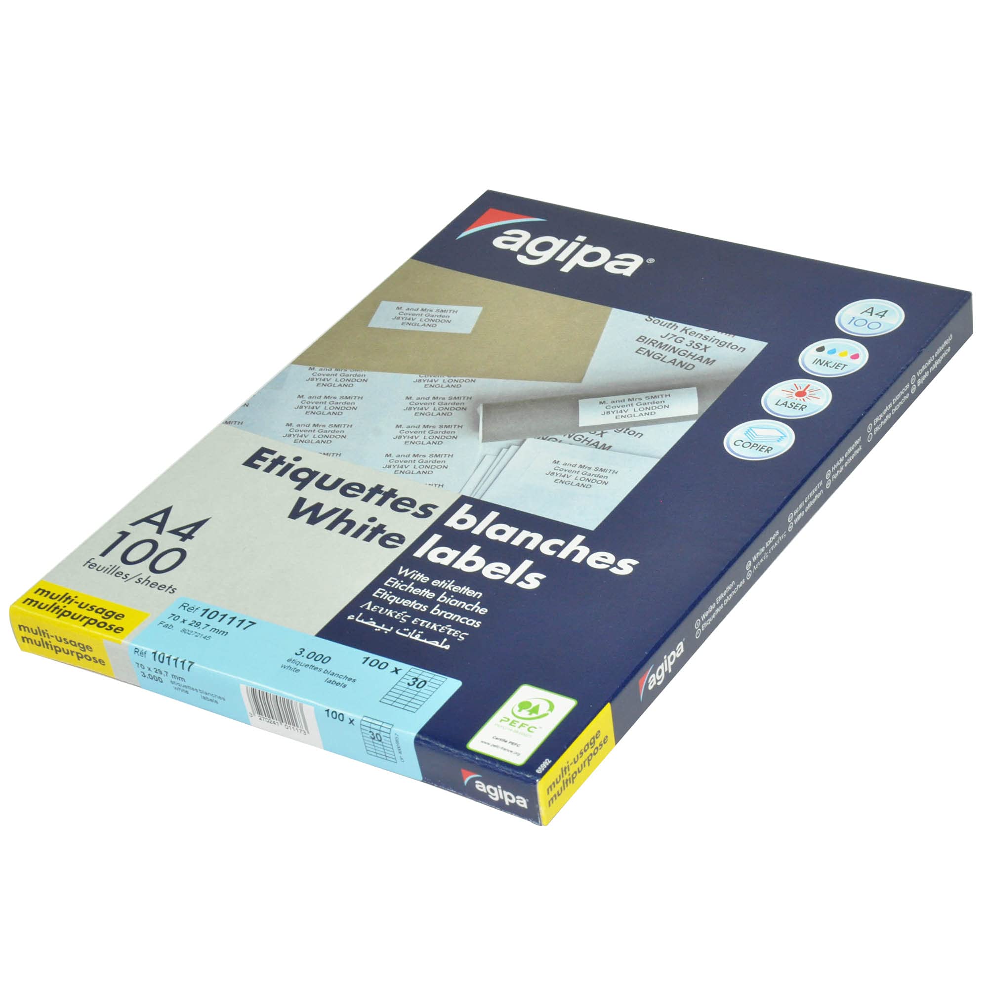 AGIPA Multi-Purpose White Labels, A4 Sheets (210x297mm), 70x29.7mm Stickers, 100 Sheets with 30 Labels Each, 3000 Plain White Labels, Compatible with Inkjet, Laser, Copier-APLA101117