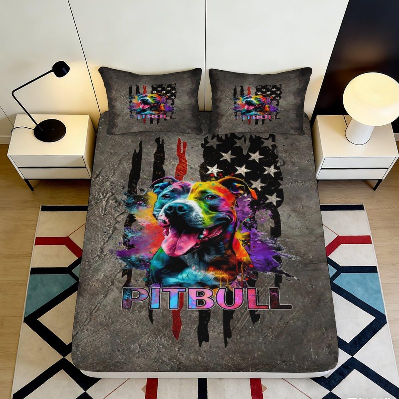 3D Printed Colorful Pitbull Fitted Sheet Microfiber Anti-Slip American Flag Bed Cover for Bedroom Decor 90x200x25cm