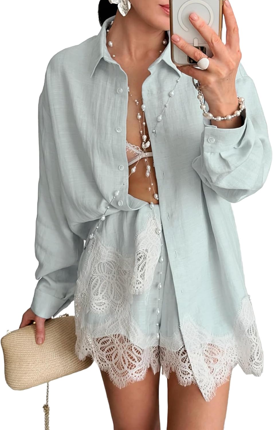 VOIKERDR Going Out Sets for Women Lace Patchwork Long Sleeve Button Blouse and Shorts Casual Outfits