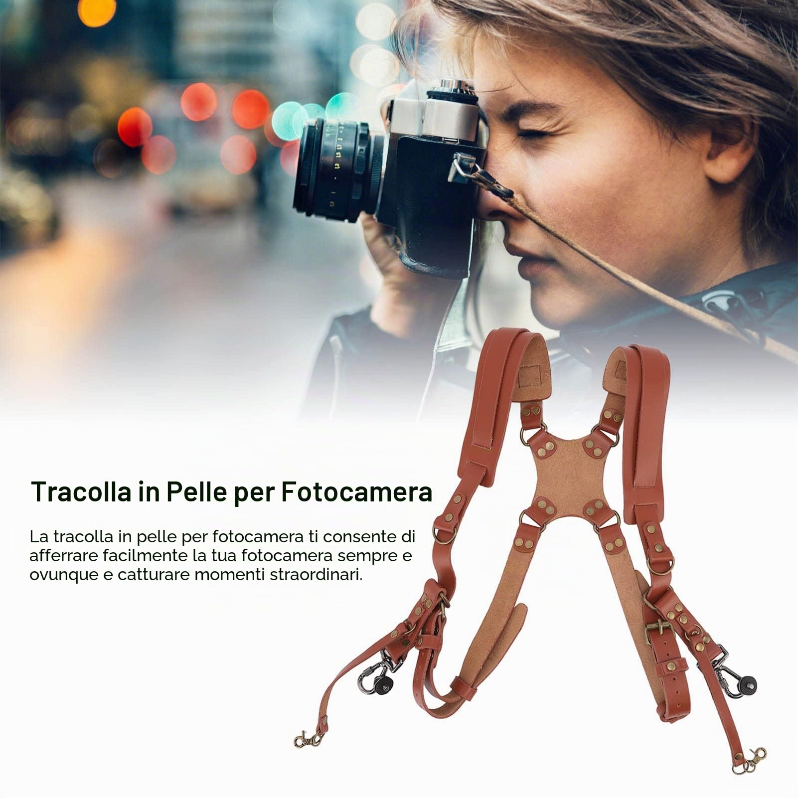 Focket Accessori per la Cinghia della Fotocamera per Due Fotocamere, Comoda Imbracatura in Pelle a Doppia Spalla, Accessori per Fotocamera a Tracolla, Attrezzatura per Fotocamera Multipla