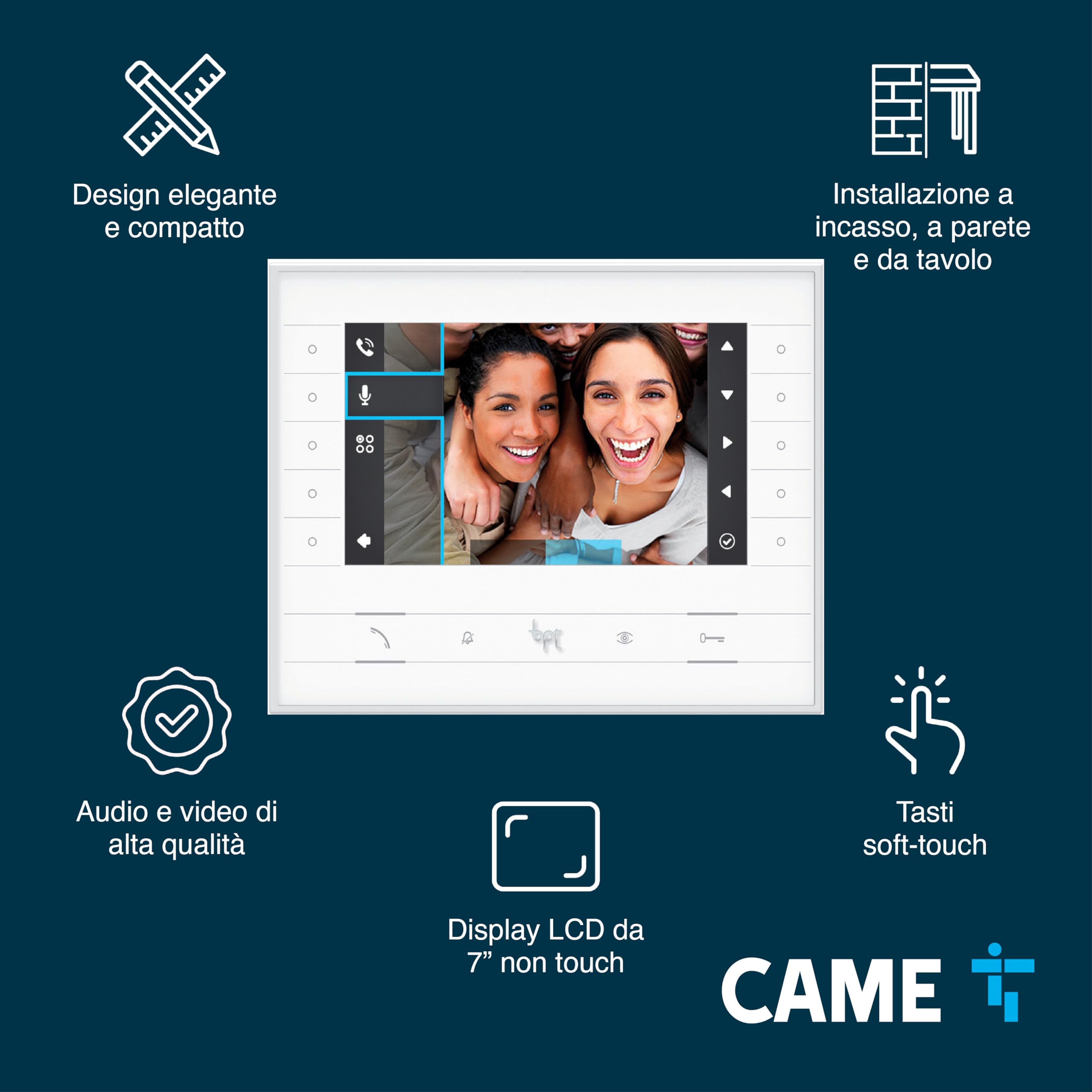 CAME Kit videocitofonico monofamiliare include videocitofono bianco FUTURA X1 vivavoce display LCD 7˝ tasti soft touch, targa esterna LCV/01, pulsante singolo con targhetta porta-nome e alimentatore