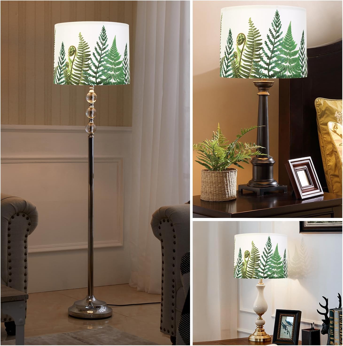 Large Fern Printed Drum Lamp Shades set of 2, 13"x13"x10" Medium Fabric Lamp Shades for Table Lamps,Floor Lamps.Easy-to-assemble Lamp Shade for Farmhouse or Modern Room Decoration.Sipder Design.