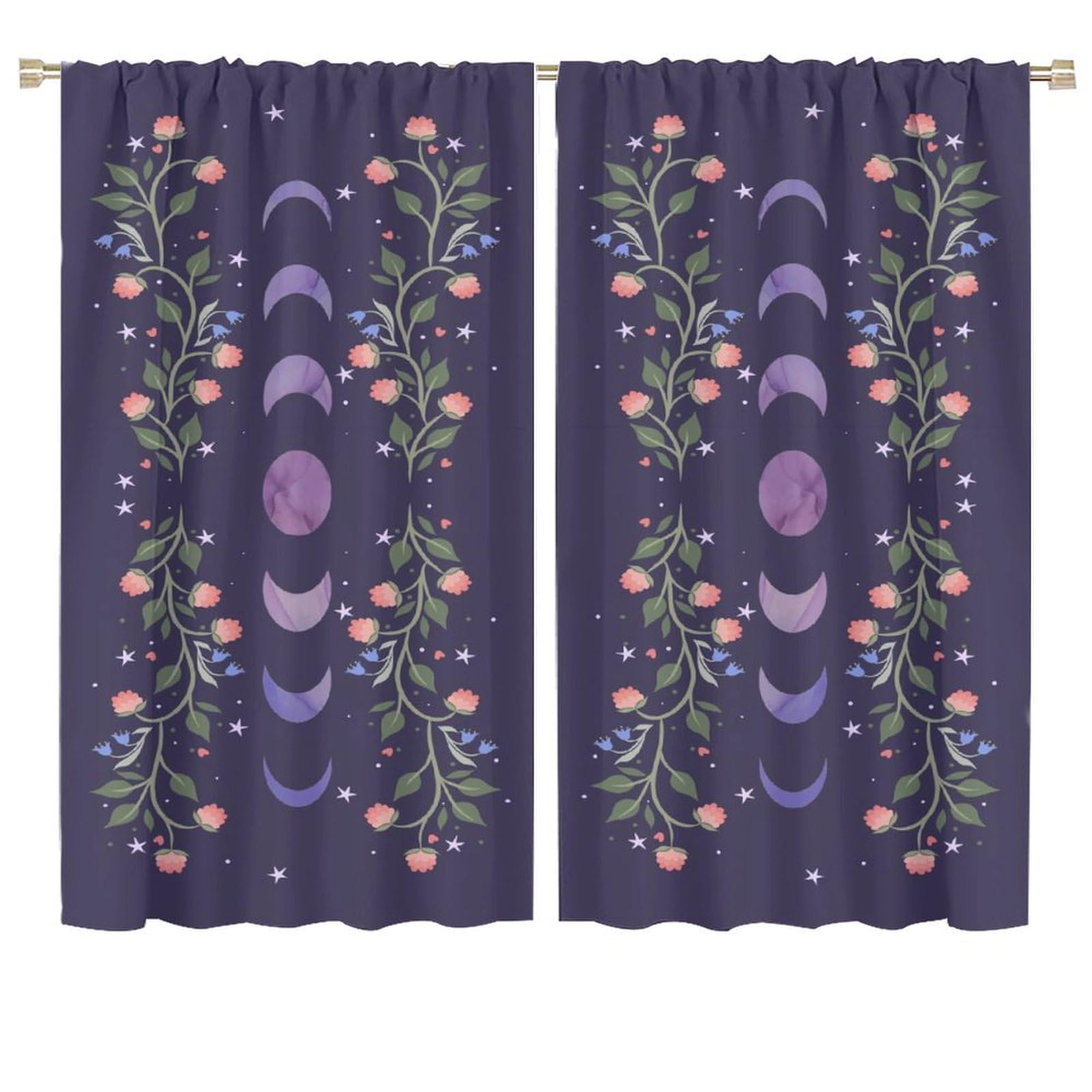 HZOHNAGO Moon Curtains Rustic Purple Lunar Phase Star Flower Leaves Pattern Blackout Print Rod Pocket Window Drapes for Bedroom Living Room 72x63in