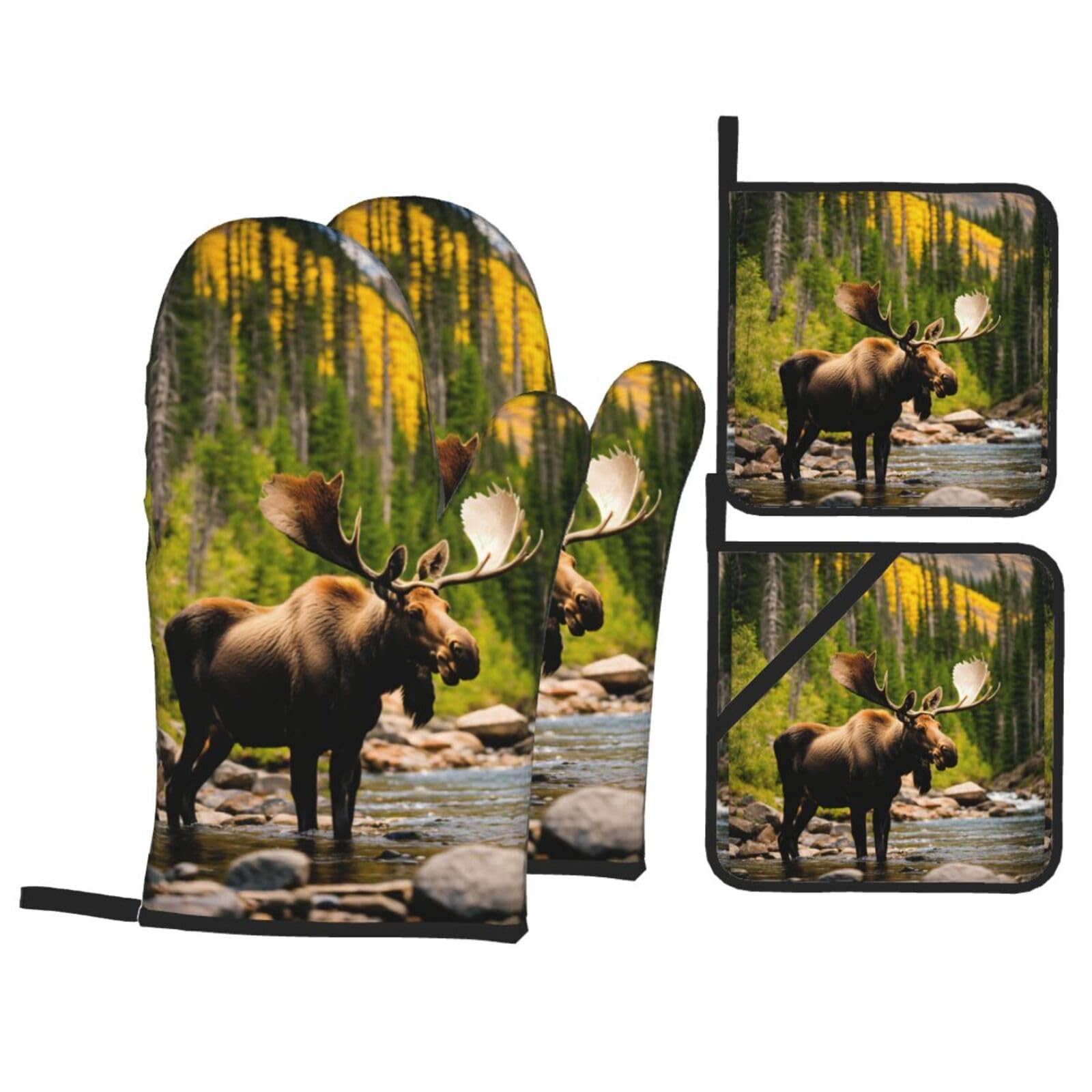 Deer Bear Moose Print Kitchen Oven Mitts And Pot Holders Set,Hanging Loop Design For Cooking Baking Bbq
