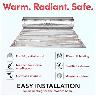 Electric Radiant Floor Heating for Carpet, Laminate and Floating Wood Floors - 105 sq.ft. Cut-and-Turn for Custom Fit – Ultra-Thin Heated Mat - WarmlyYours Environ 1.5 x 70 ft., 240V, 12 Watts/sq.ft.