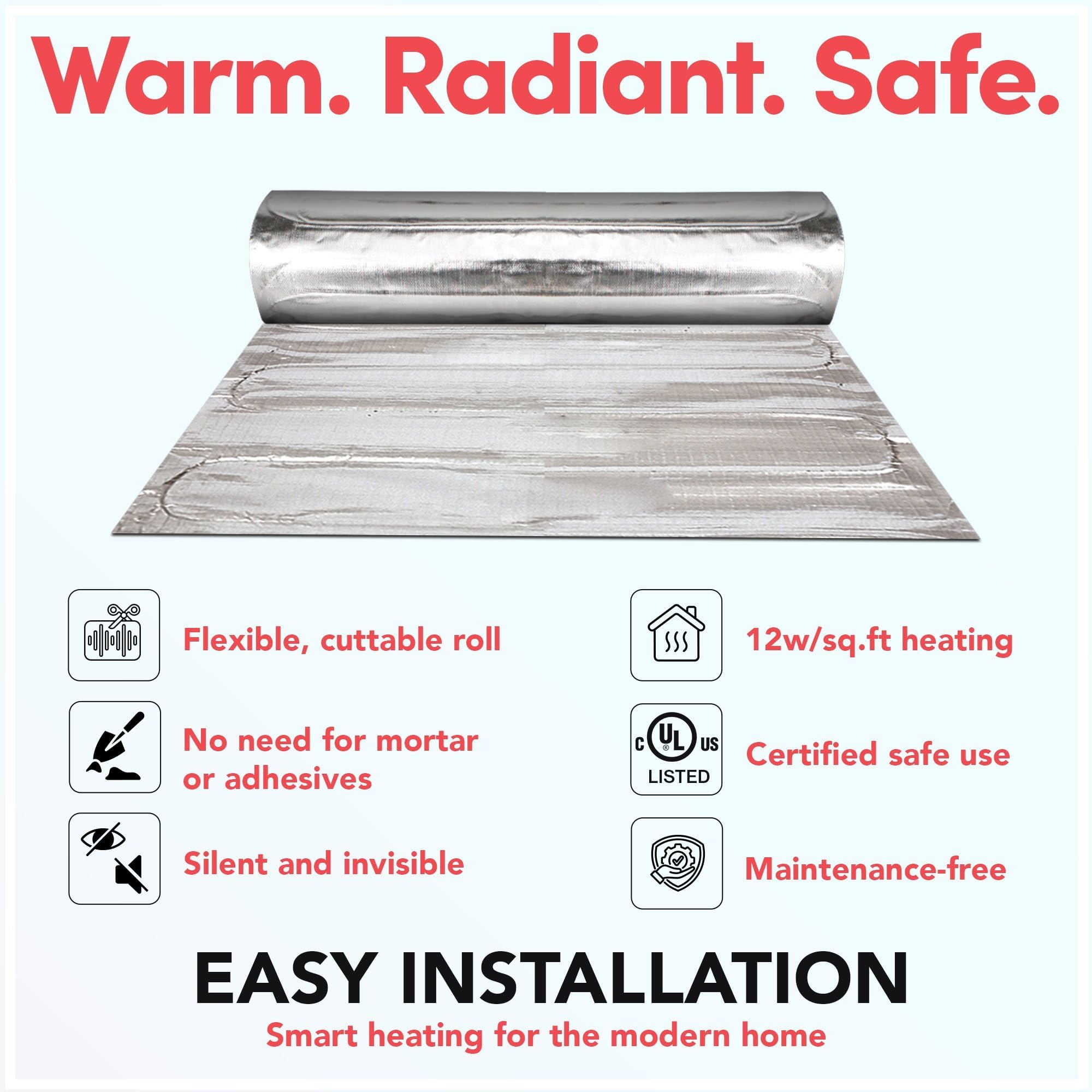 Electric Radiant Floor Heating for Carpet, Laminate and Floating Wood Floors - 105 sq.ft. Cut-and-Turn for Custom Fit – Ultra-Thin Heated Mat - WarmlyYours Environ 1.5 x 70 ft., 240V, 12 Watts/sq.ft.
