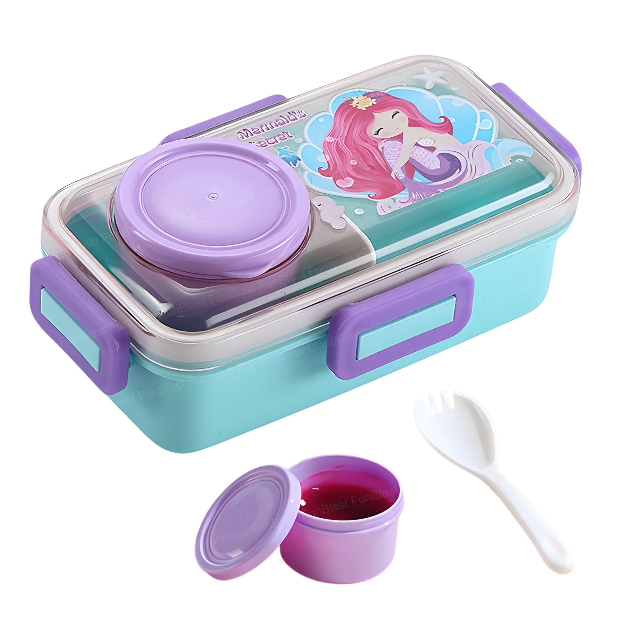 FunBlast Lunch Box for Kids – Lunch Box with Spoon and Bowl, Lunch Boxes for School Kids, Airtight Lid Tiffin Box, Plastic Tiffin Box with 2 Compartment, Bento Lunch Boxes (Mermaid)-picture-10