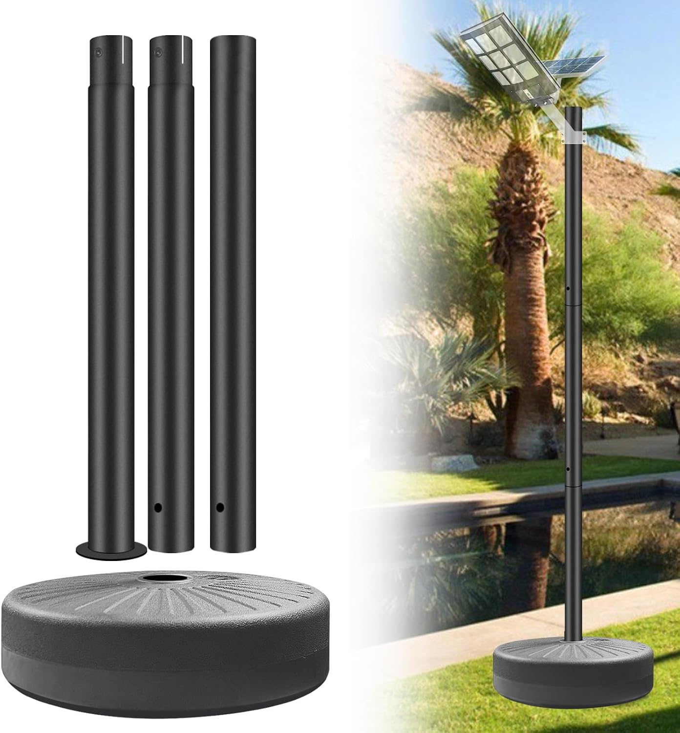 Outdoor Light Pole with Fillable Base – Heavy Duty Freestanding Post for Garden or Street Lighting – Water/Sand Weighted, Rustproof Metal, Easy Assembly (5.4 Ft & 65'')