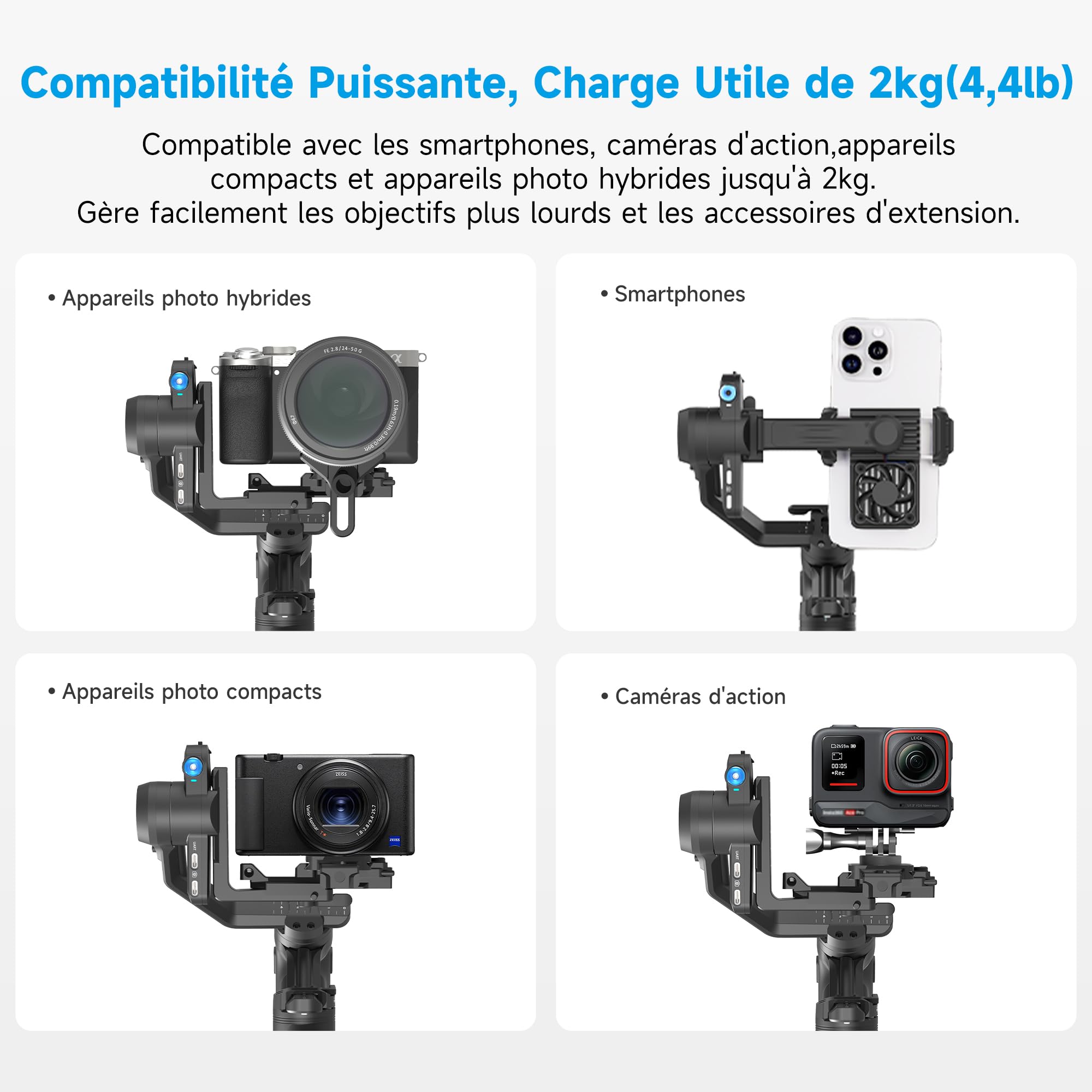 Feiyu SCORP Mini 3 KIT [OFFICIEL] Stabilisateur 3 Axes avec Suivi IA 4.0 pour Appareils Photo Reflex/Mirrorless/Action Cam,Smartphone,Charge utile 2KG,Support Phone avec Ventilateur de Refroidissement