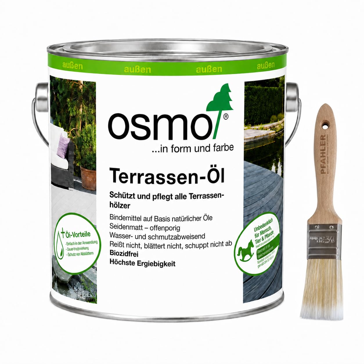 Osmo Terrassen-Öl Lärchen 009 Naturgetönt 2,5 l + Flächenstreicher Pinsel von Pfahler Gratis