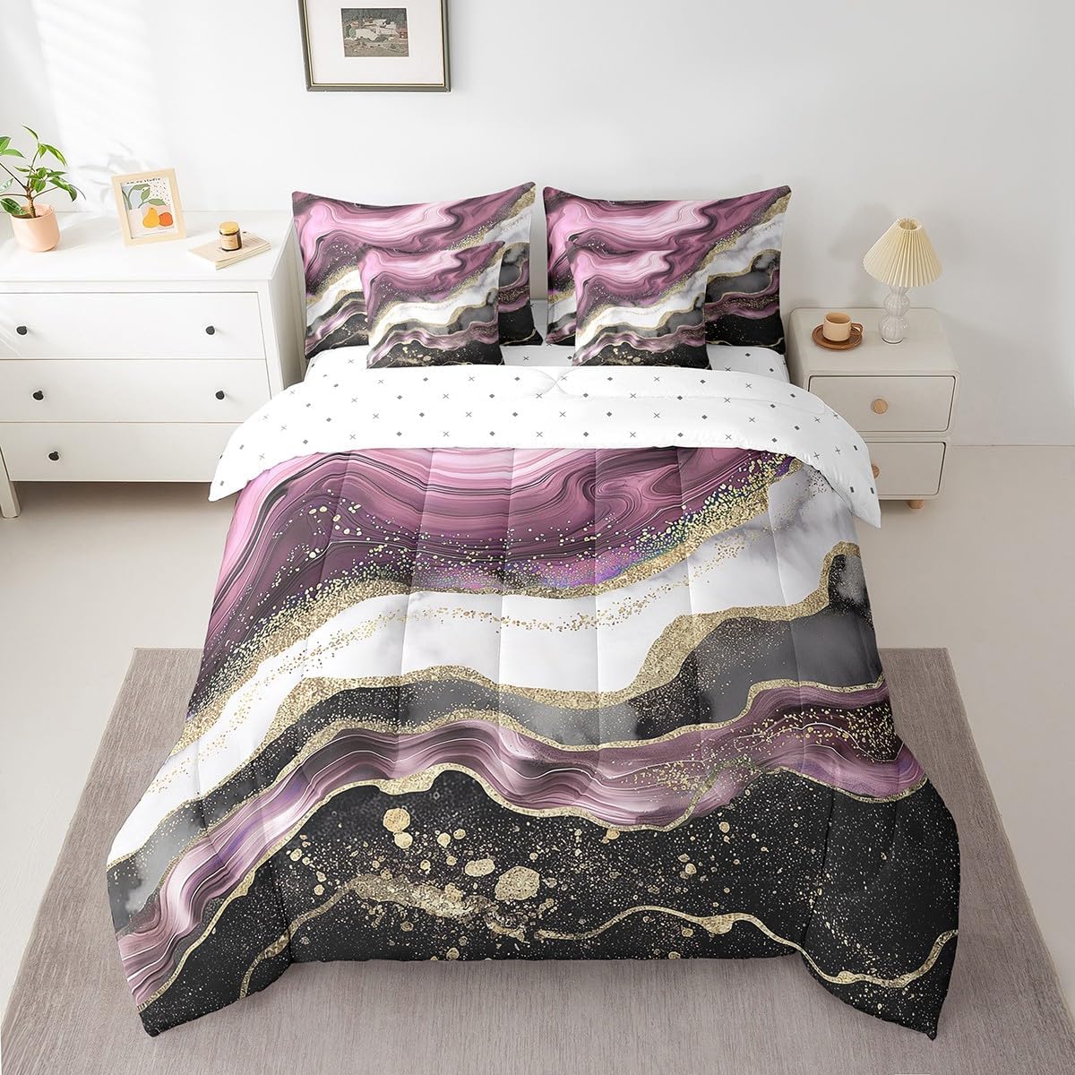 Black and Pink Marbling Bedding Full Size 7pcs for Girls Watercolor Stripe Comforter Set, Gold Marble Bedding Comforter Sets Foil Print Bed in a Bag, Abstract Aesthetic Metallic Bedding Accessories image 2