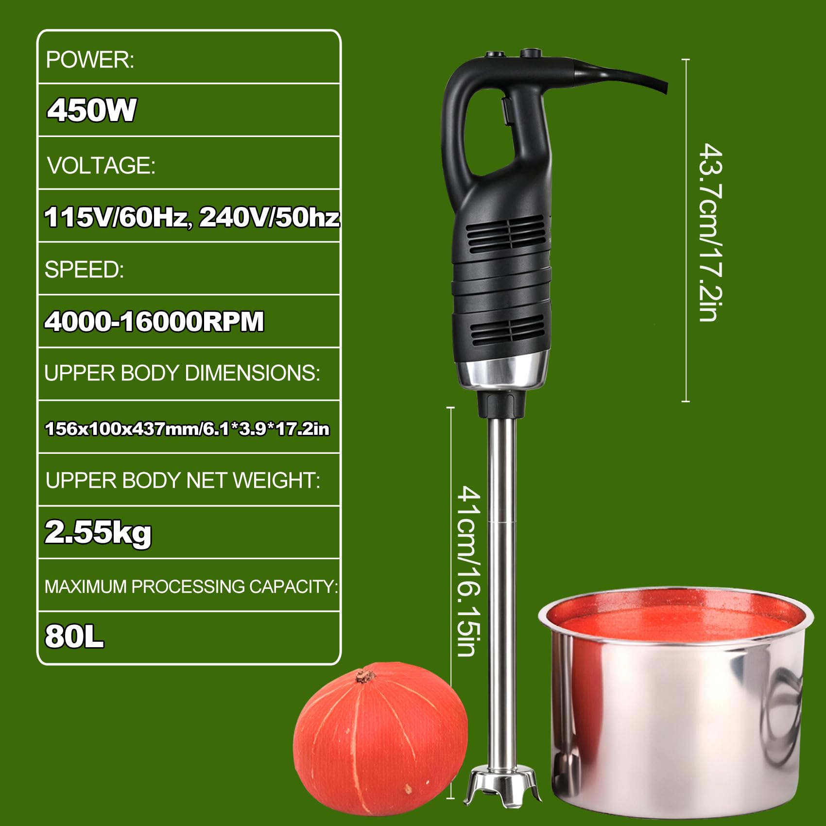 ,450W, blender ręczny, stal nierdzewna spożywcza, pojemność 240 l, moc 850 W, ergonomiczny uchwyt, ze zmienną prędkością i stałym uchwytem montażowym, zdejmowane ramię i noże