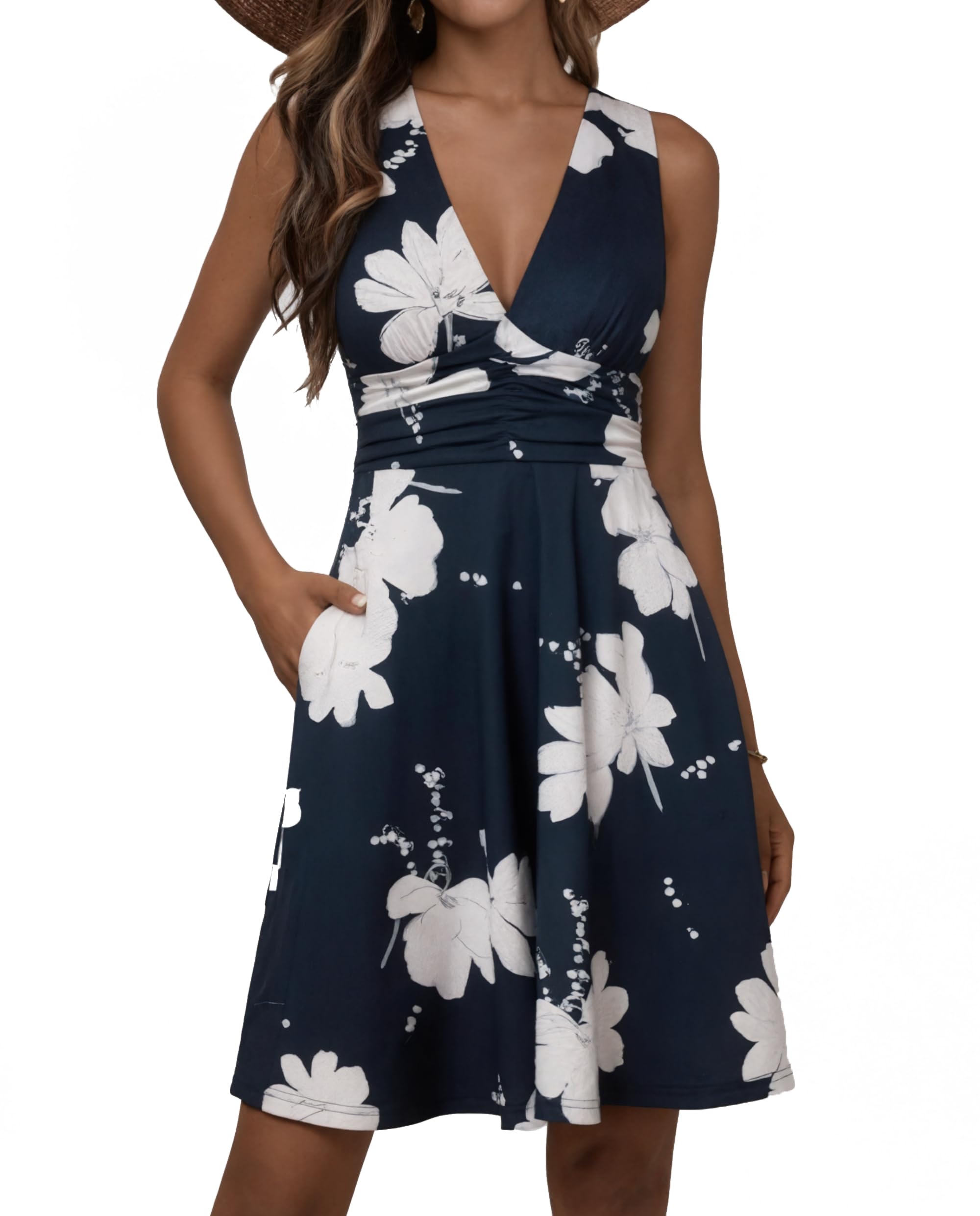 Jhsnjnr Sommerkleid Damen Tiefem V-Ausschnitt Korsett Bunte Strandkleid mit Taschen Kurz A Linie Ärmellos Blumen Kleider