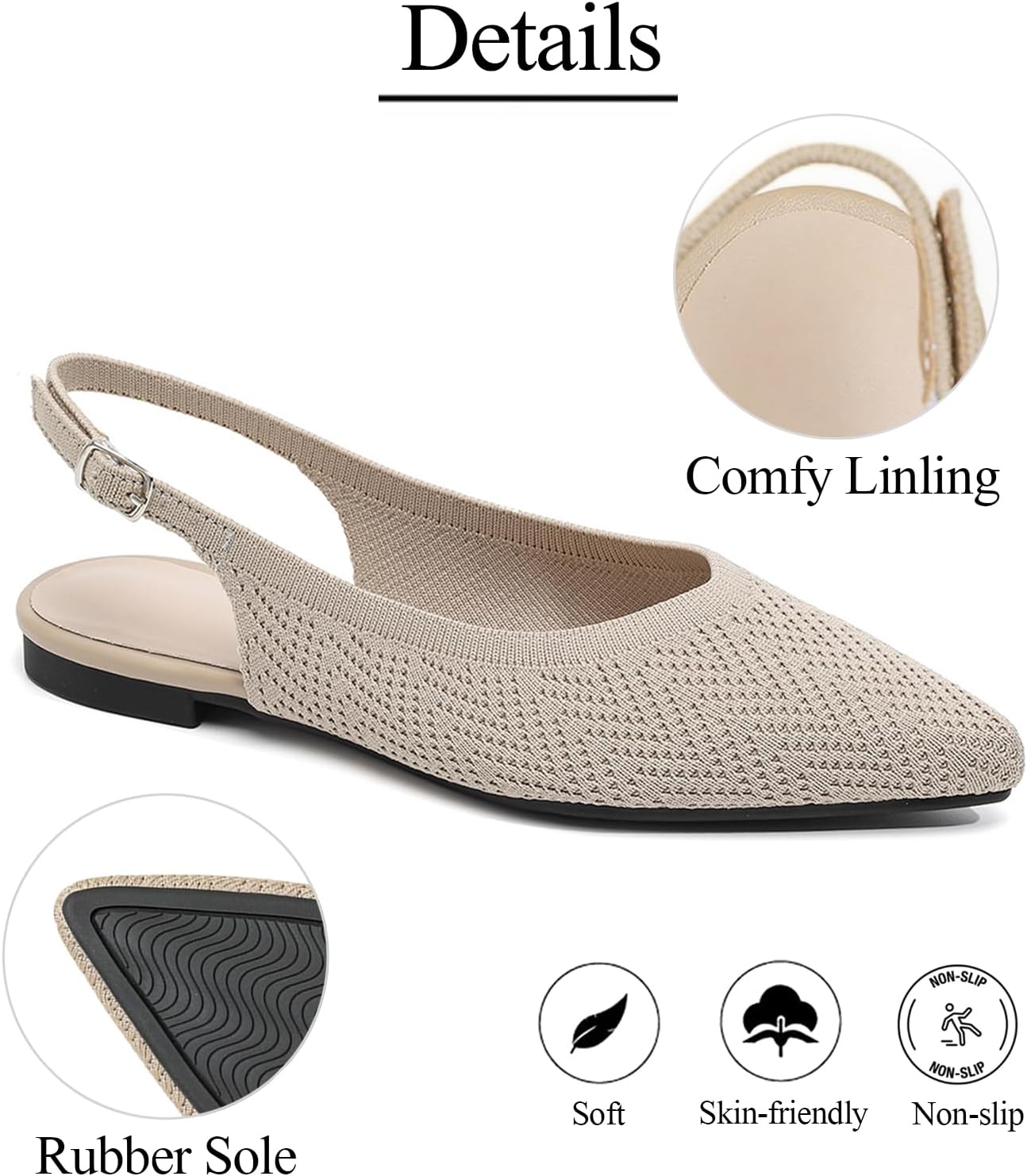 Slingback Flats for Women Pointed Toe Knit Ballet Flats Comfortable Breathable Adjustable Ankle Buckle Dressy Flats for Party Prom Dance