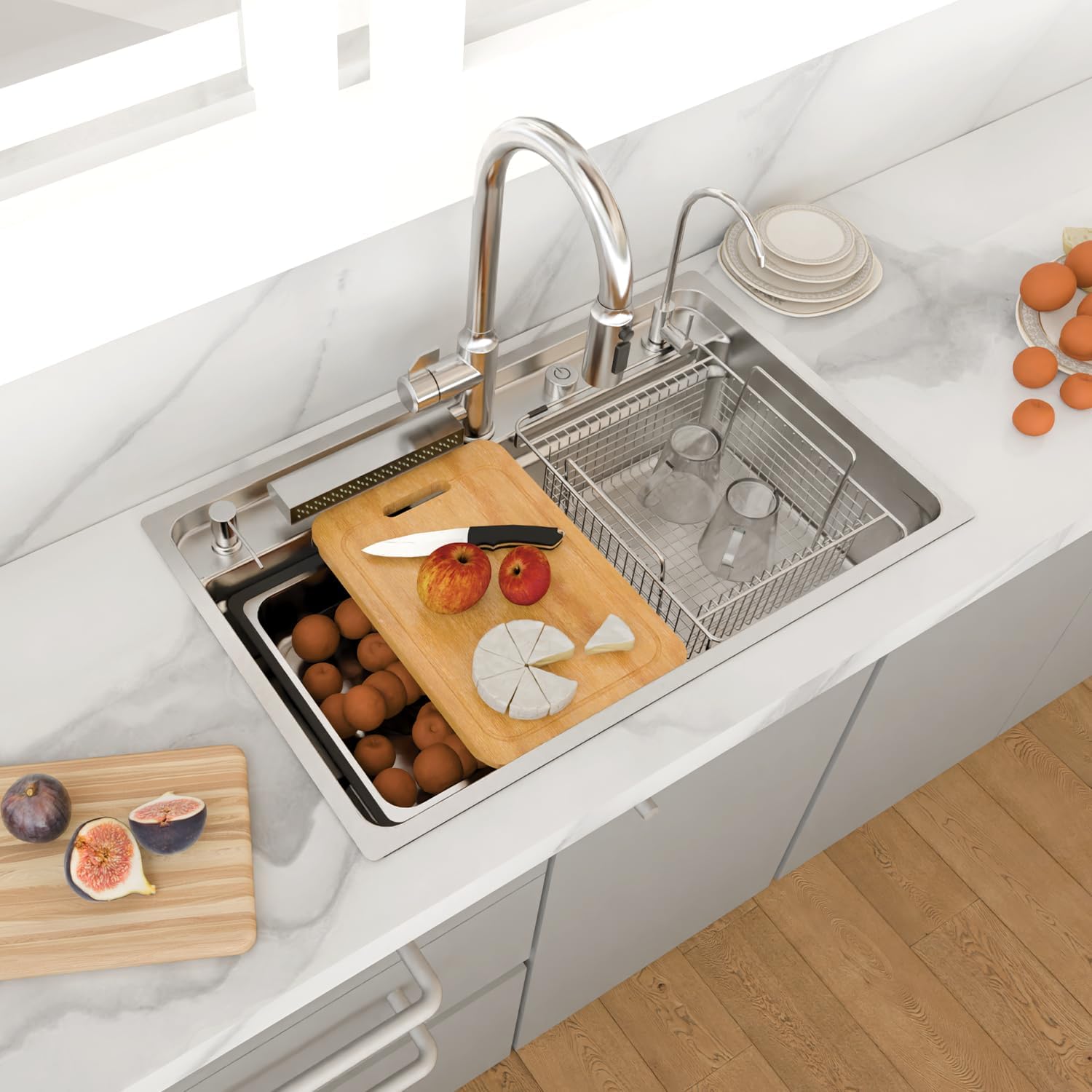 30.7 x 18.9 Inch Drop-in/Undermount Kitchen Sink Deep Single Bowl 15 Gauge T304 Stainless Steel Handmade Basin Smart Modern Workstation Sinks with Accessories