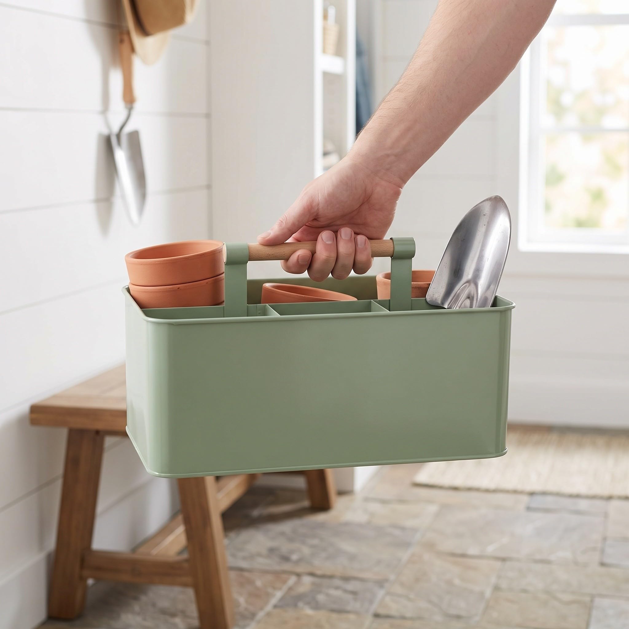 Panier de Jardinage en Fer à 4 Compartiments avec Poignée en Bois