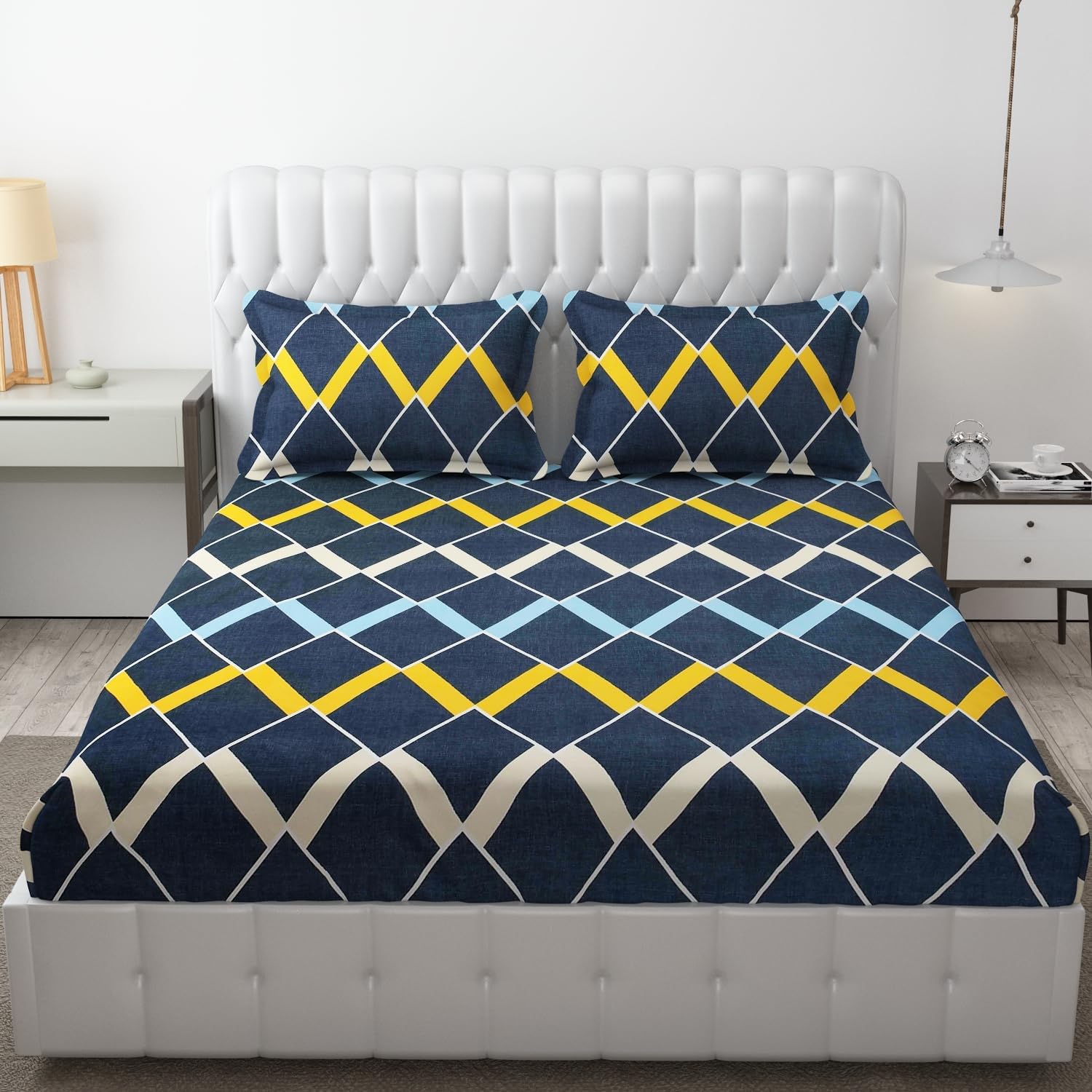 DECOMIZER XL Microfiber Soft Cotton Queen Printed Bedsheet for Double Bed, Queen Size 90 Inches X 100 Inches, 230 X 250 cm with 2 Large Size Pillow Covers Without Joint - Navy Box