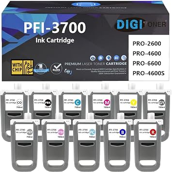 PFI-3700 Ink Cartridge Replacement for Canon PFI-3700 Ink Cartridge Compatible for Canon ImagePROGRAF PRO-2600 PRO-4600 PRO-6600 PRO-4600S PRO-6600S Printers 11-Pack, 700ML*11