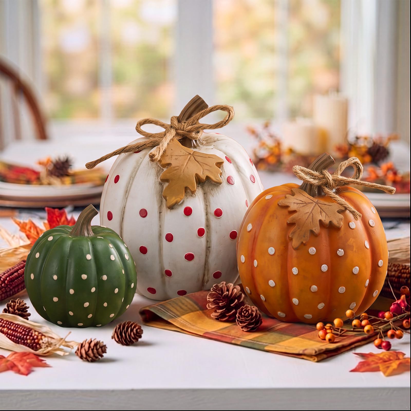 Junkin 3 statuette di zucca autunnale decorazione da tavolo in resina a pois centrotavola per feste del Ringraziamento, regalo per la casa, decorazione da tavolo per la casa