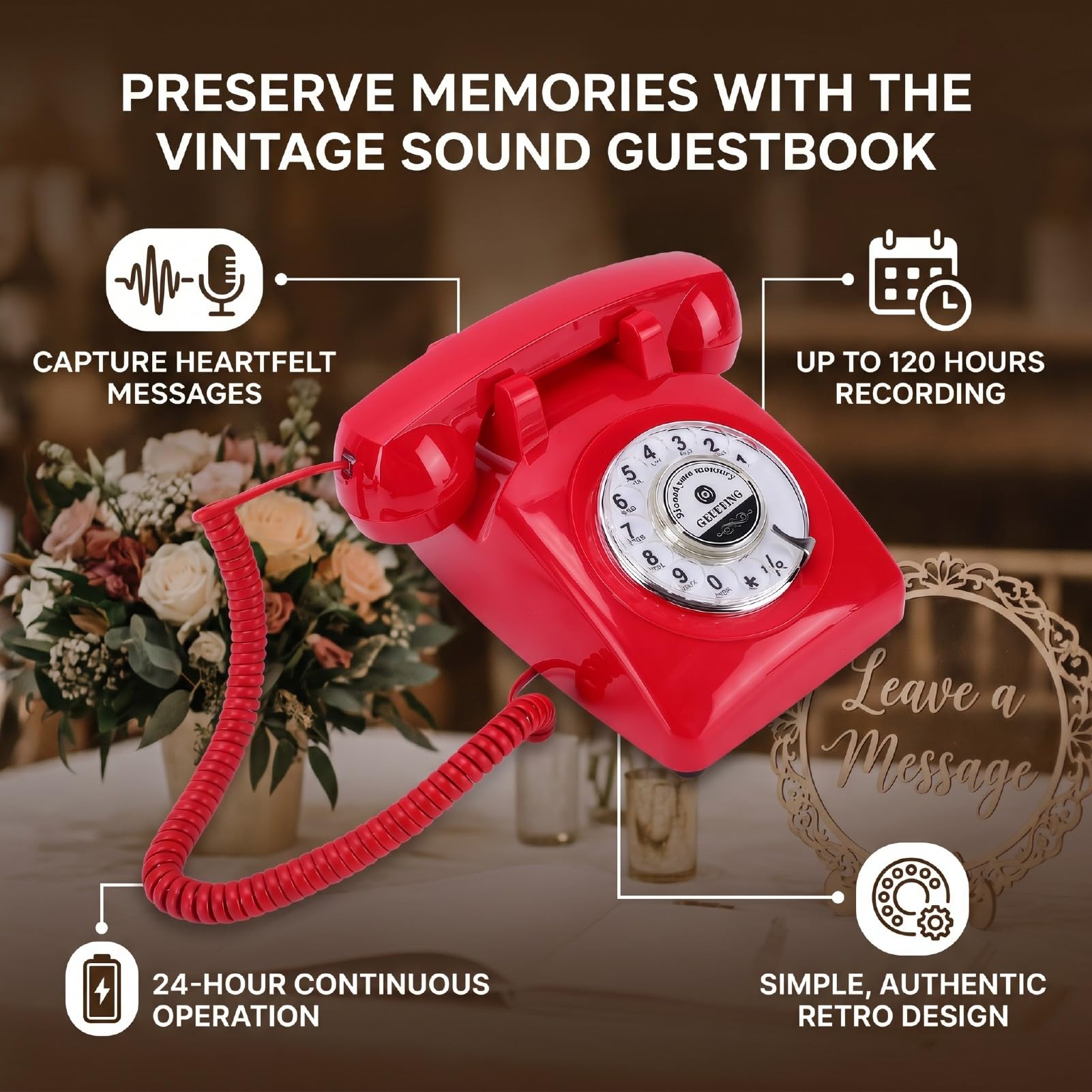Dpofirs Registratore Vocale per Telefono Rotante Vintage, Telefono per la Registrazione di Messaggi retrò con Auguri Personalizzabili per Il Libro degli Ospiti Sonoro del Matrimonio e Le