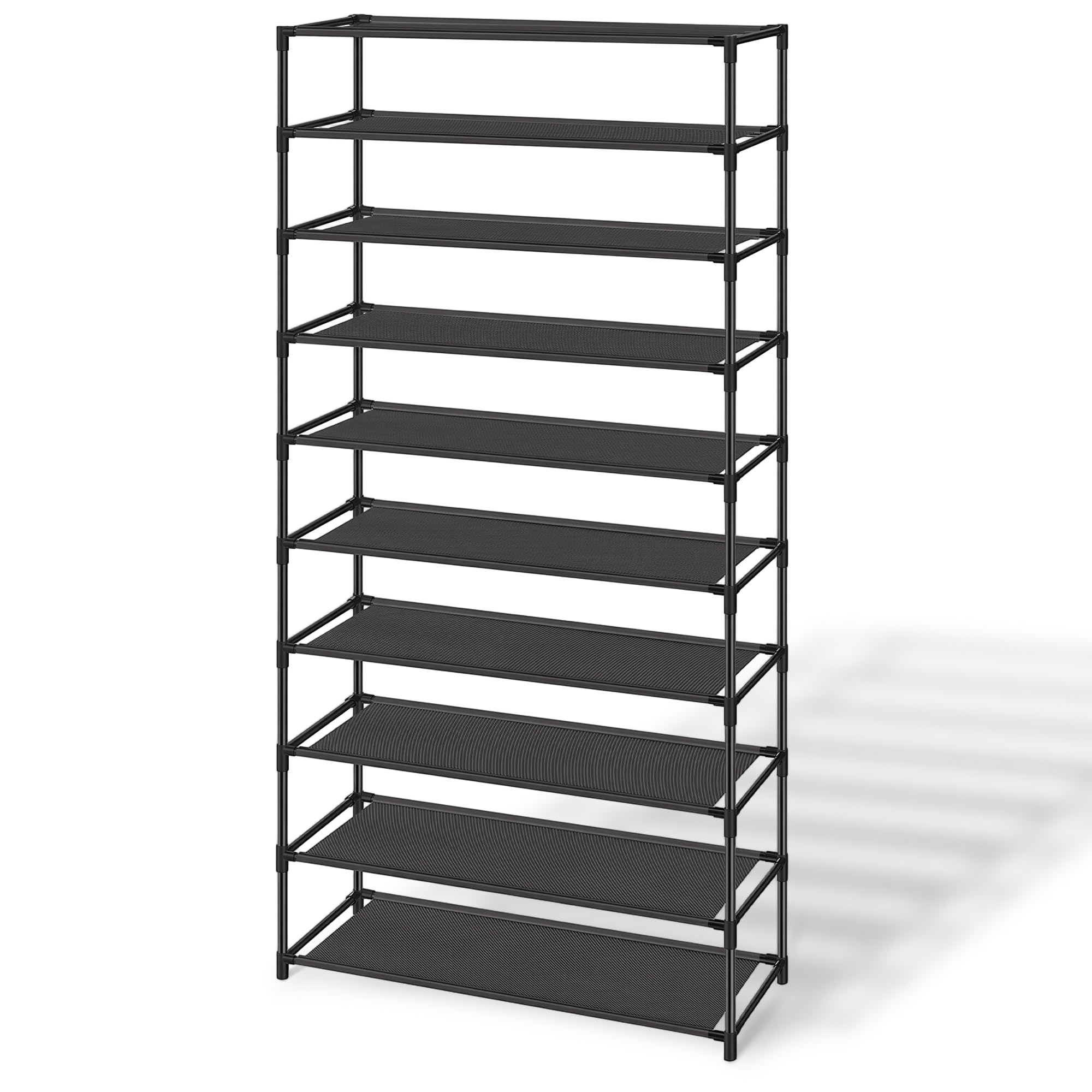 SONGMICS Shoe Rack, 10-Tier Shoe Storage Organizer, Space-Saving, 11 x 32.7 x 62.6 Inches, Entryway, Metal Frame, Non-Woven Fabric Shelves, Ink Black ULSR210B02