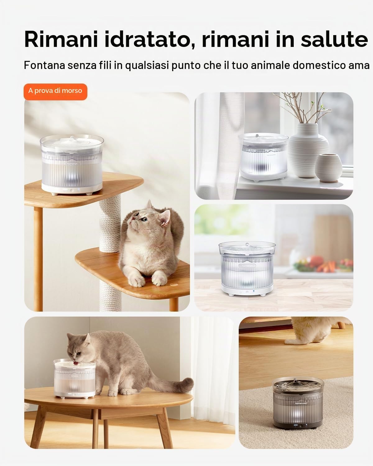 HomeRunPet Fontanella per Gatti Senza Fili con Sensore di Movimento, Silenziosa Fontana per Gatti a Batteria da 7800mAh, Senza BPA, Installazione Rapida e Pulizia Facile, Filtri Inclusi, 2L