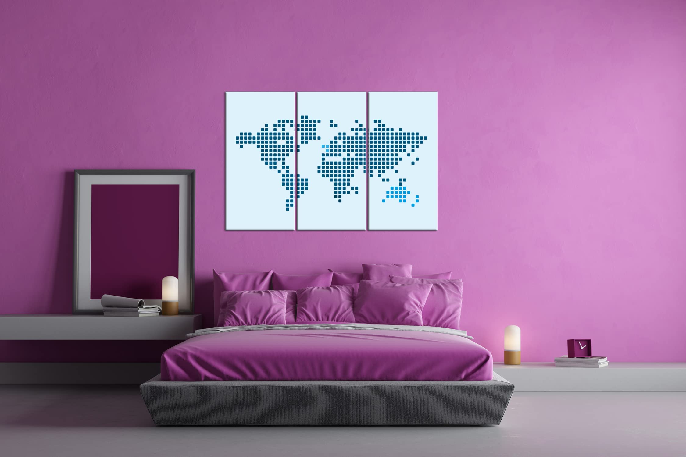 deyoli Carte du monde à pois - Format : 120 x 80 cm (3 pièces) - Impression numérique de qualité supérieure avec cadre en bois véritable