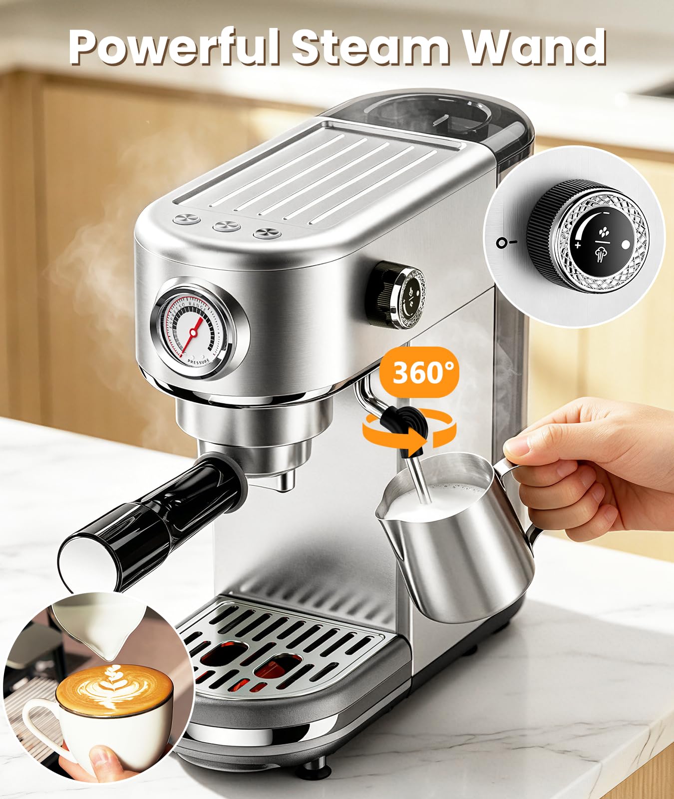 atatix Espresso Machine with Milk Frother, 20 Bar Pressure Espresso Maker | with 44OZ Removable Tank, Compact Stainless Steel Coffee Machine for Home, Office, Latte, Cappuccino, Macchiato, Silver