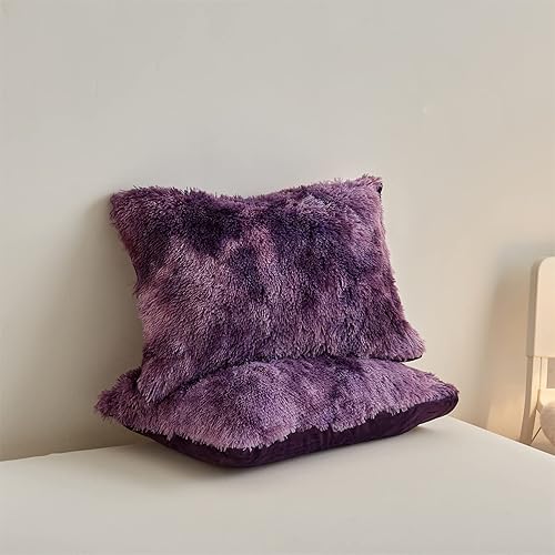 Miniatura 7 de Wajade Juego de edredón de felpa de pelo sintético teñido anudado morado, juego de ropa de cama mullido y peludo, juego de edredón de microfibra